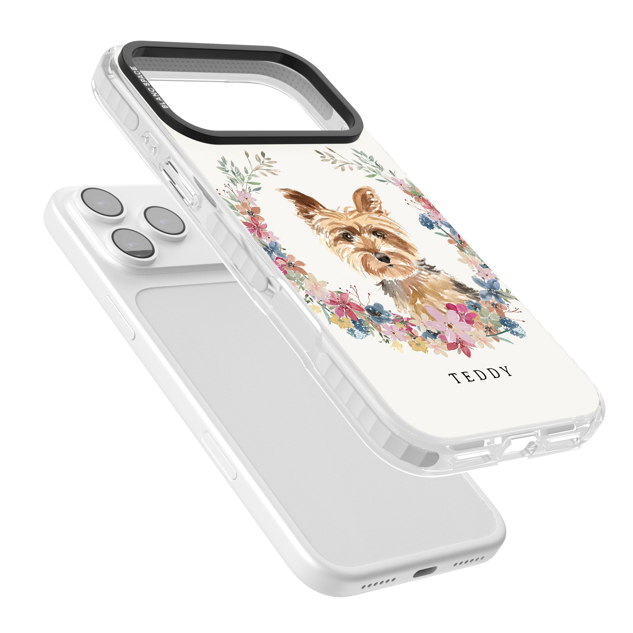 Personalised Yorkshire Terrier Floral Portrait iPhone 17 Pro Impact Pro Clear Phone Case Colours