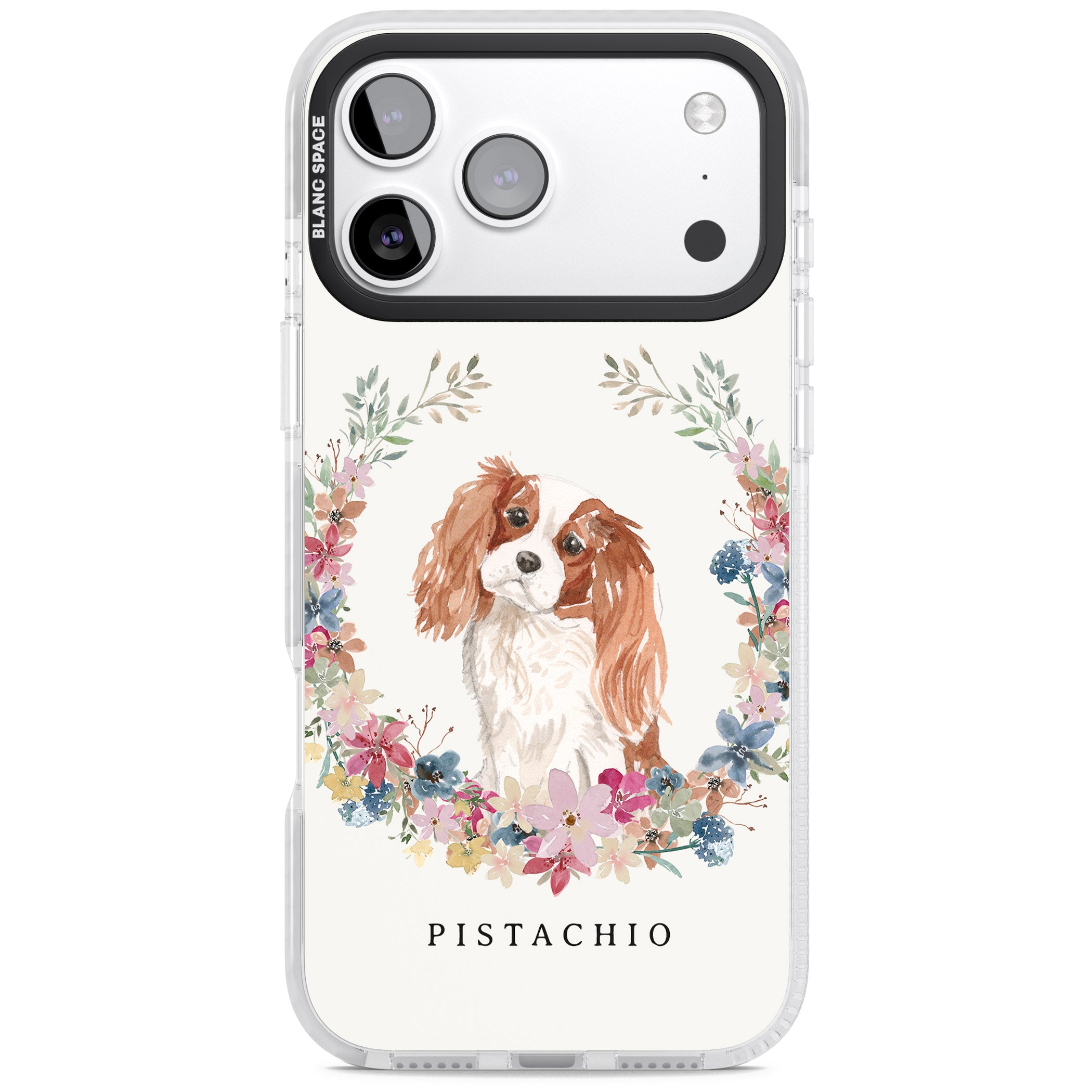 Personalised Cavalier King Charles Floral Portrait iPhone 17 Pro Impact Pro Clear Phone Case