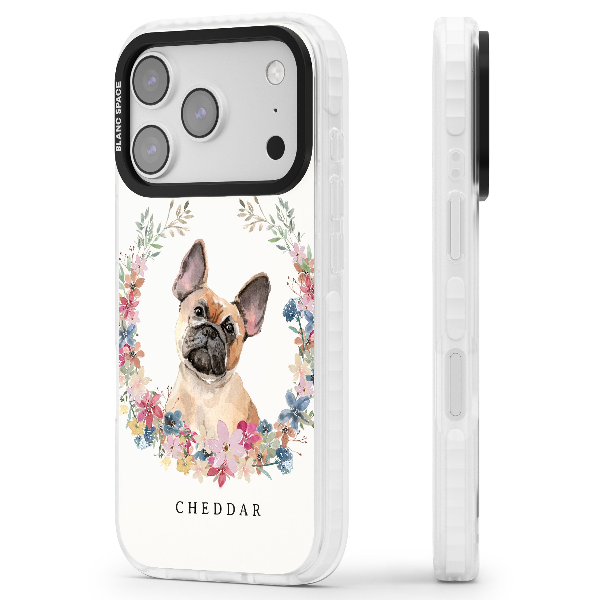 Personalised Tan French Bulldog Floral Portrait iPhone 17 Pro Impact Pro Clear Phone Case Side Profile