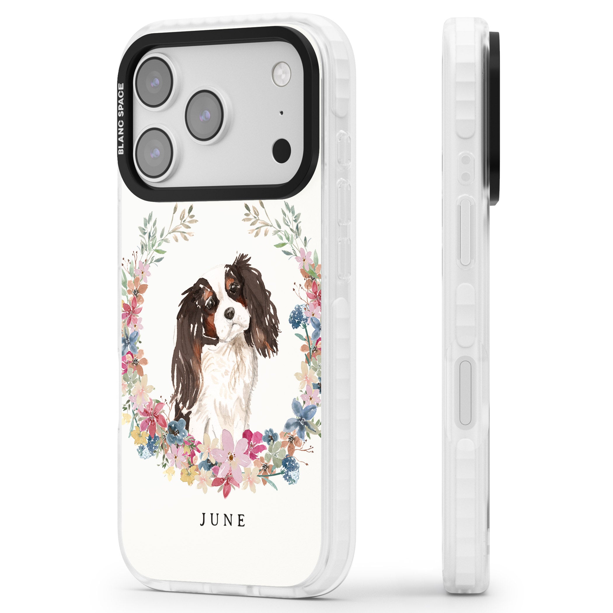 Personalised King Charles Floral Portrait iPhone 17 Pro Max Impact Pro Clear Phone Case Side Profile