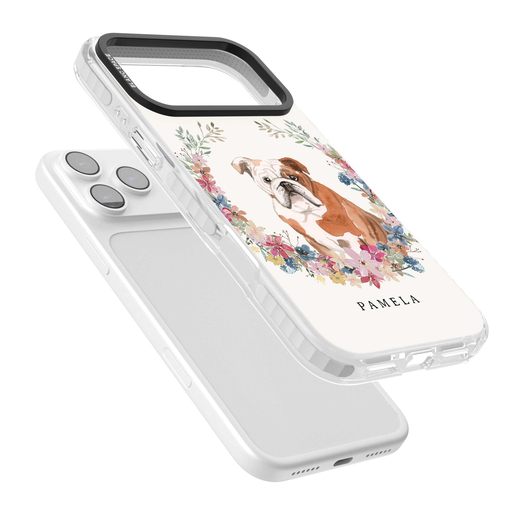 Personalised English Bulldog Floral Portrait iPhone 17 Pro Impact Pro Clear Phone Case Colours