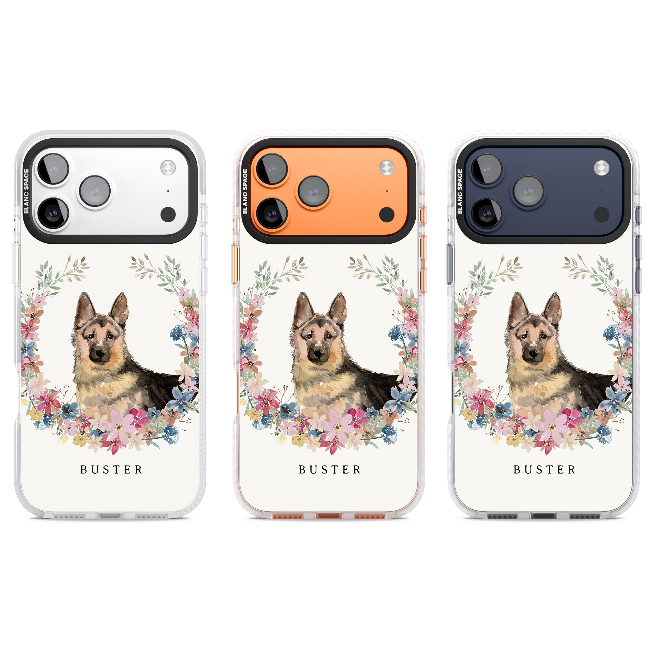 Personalised German Shepherd Floral Portrait iPhone 17 Pro Impact Pro Clear Phone Case APT Impact Protection