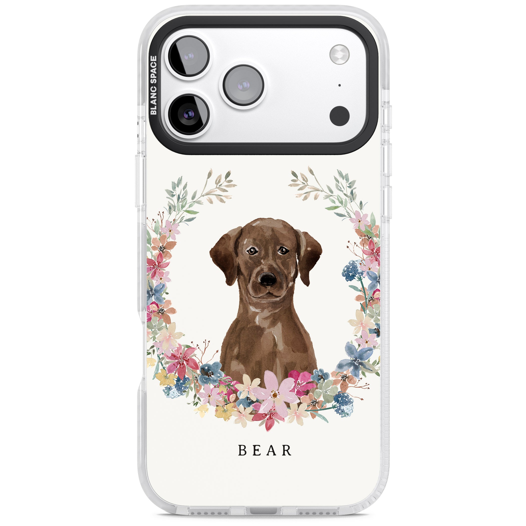 Personalised Chocolate Labrador Floral Portrait iPhone 17 Pro Impact Pro Clear Phone Case