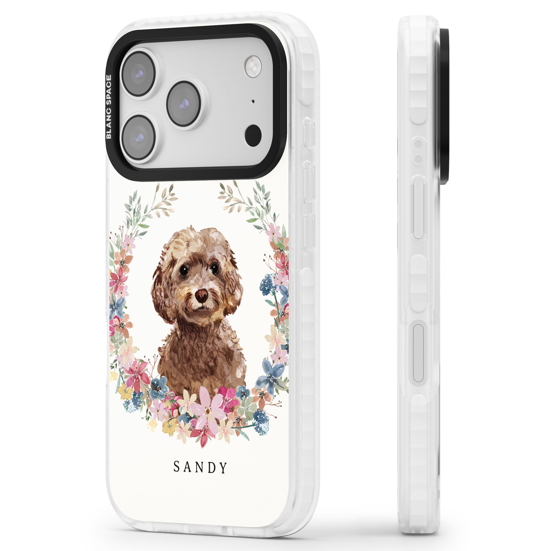 Personalised Brown Cockapoo Floral Portrait iPhone 17 Pro Impact Pro Clear Phone Case Side Profile