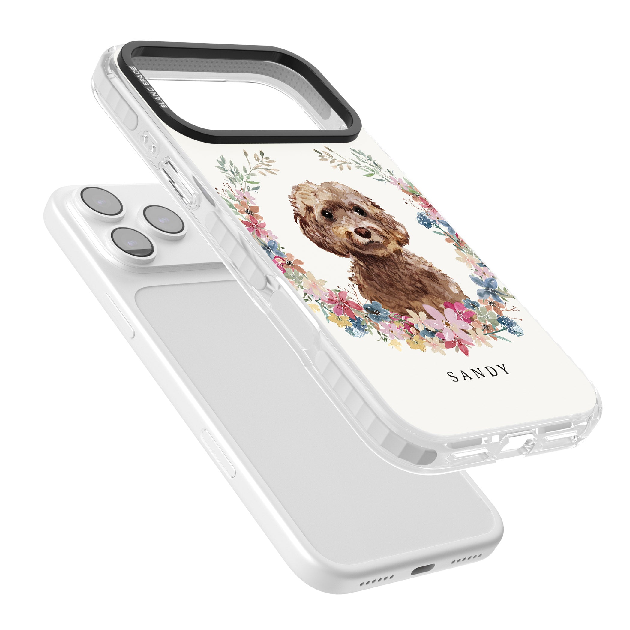 Personalised Brown Cockapoo Floral Portrait iPhone 17 Pro Max Impact Pro Clear Phone Case Colours