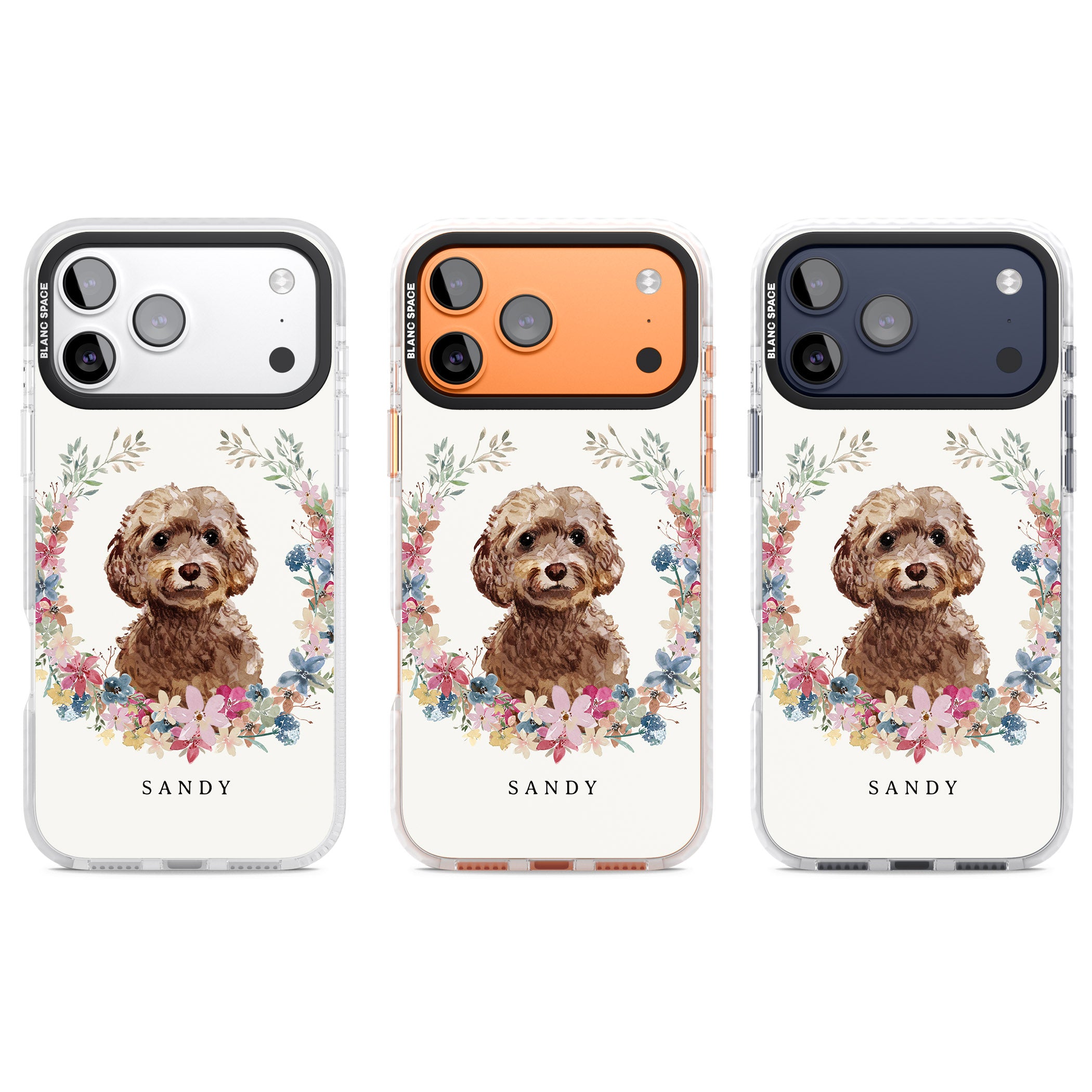 Personalised Brown Cockapoo Floral Portrait iPhone 17 Pro Impact Pro Clear Phone Case APT Impact Protection