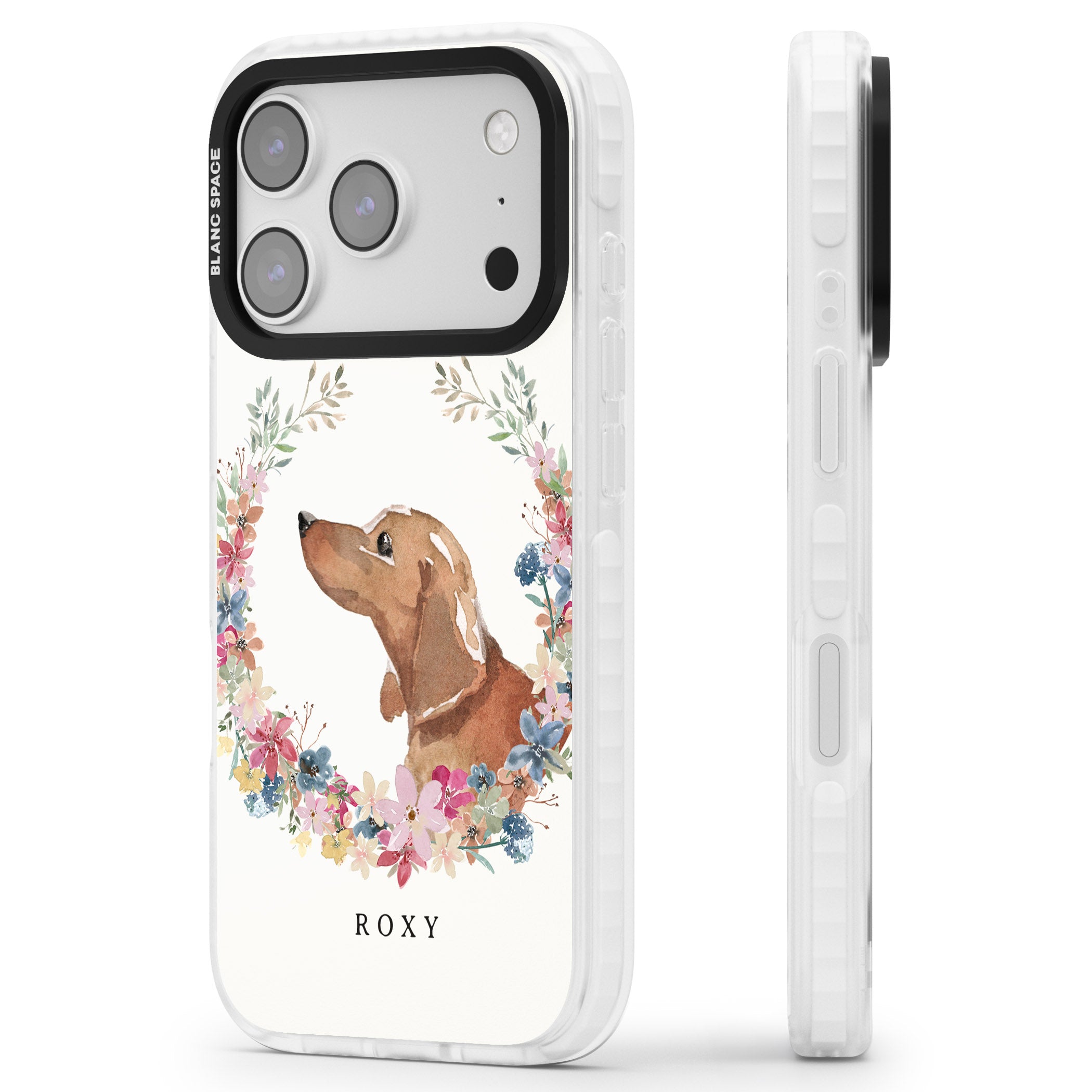 Personalised Tan Dachshund Floral Portrait iPhone 17 Pro Max Impact Pro Clear Phone Case Side Profile