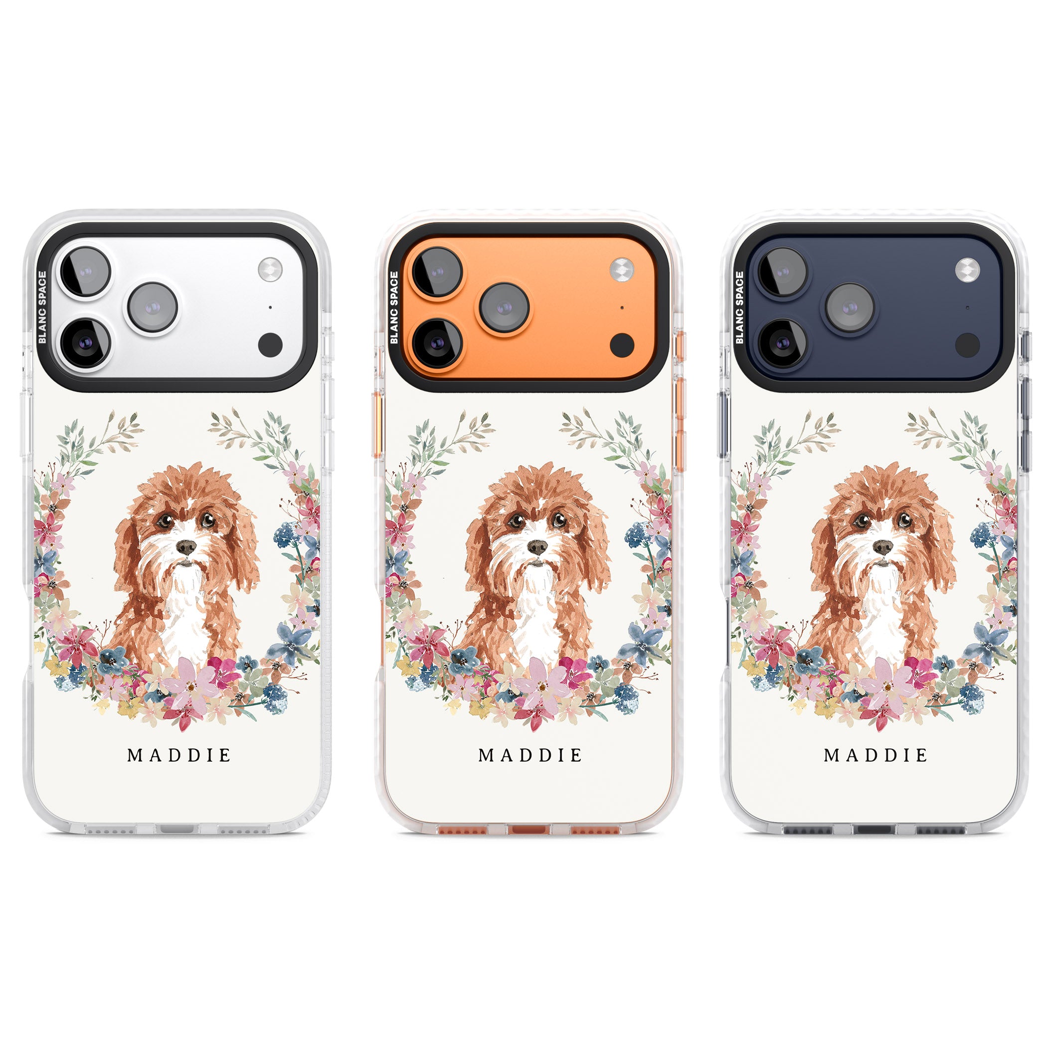 Personalised Cavapoo Floral Portrait iPhone 17 Pro Impact Pro Clear Phone Case APT Impact Protection