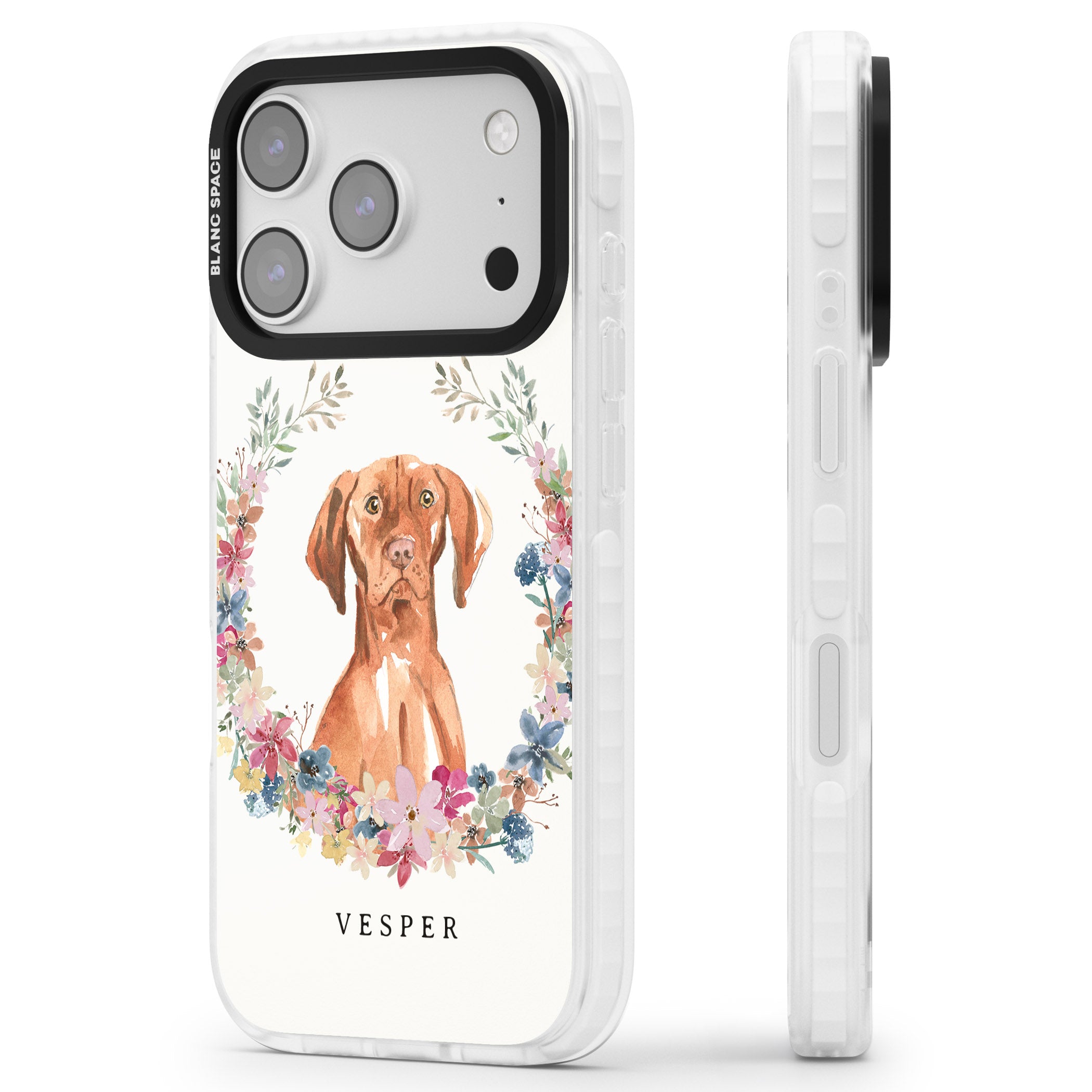 Personalised Hungarian Vizsla Floral Portrait iPhone 17 Pro Max Impact Pro Clear Phone Case Side Profile