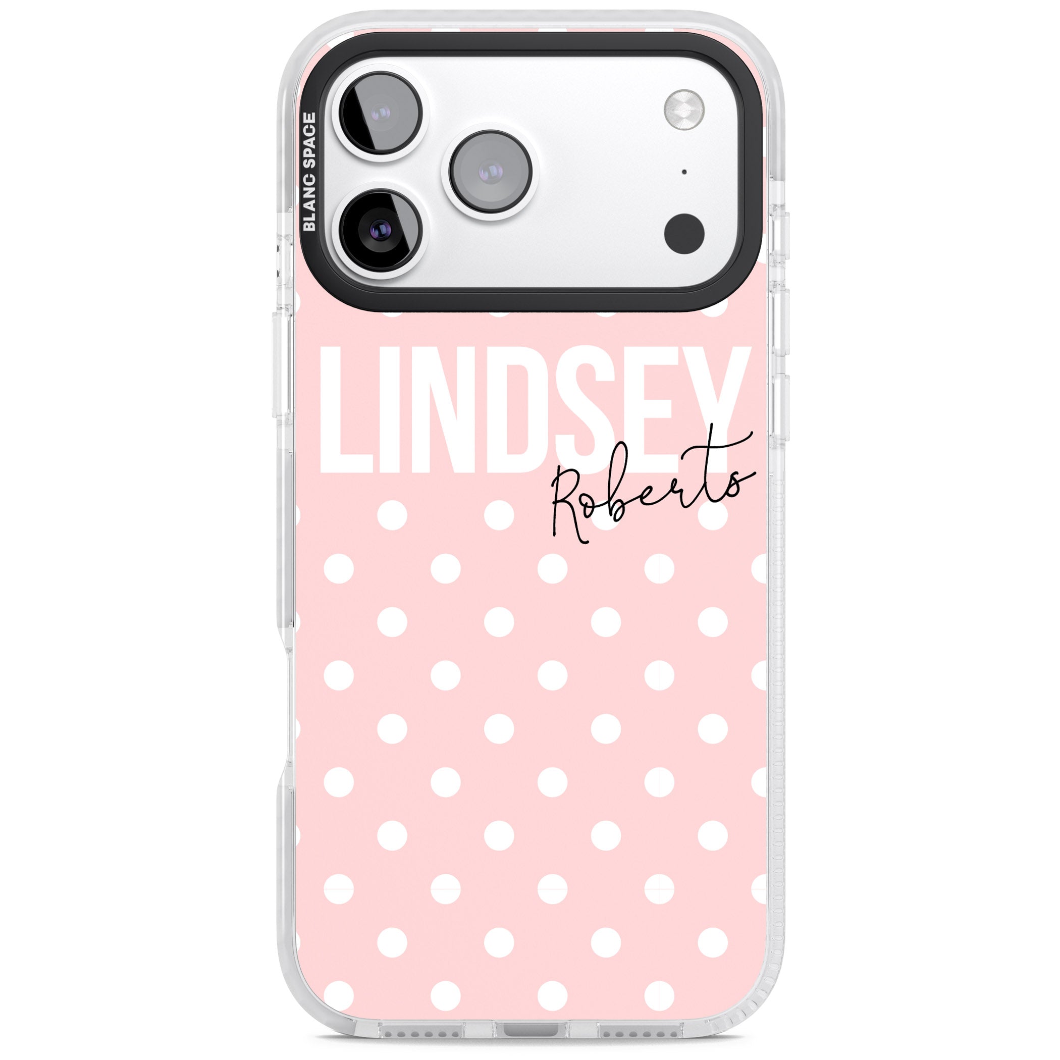 Personalised Pink Polka iPhone 17 Pro Impact Pro Clear Phone Case