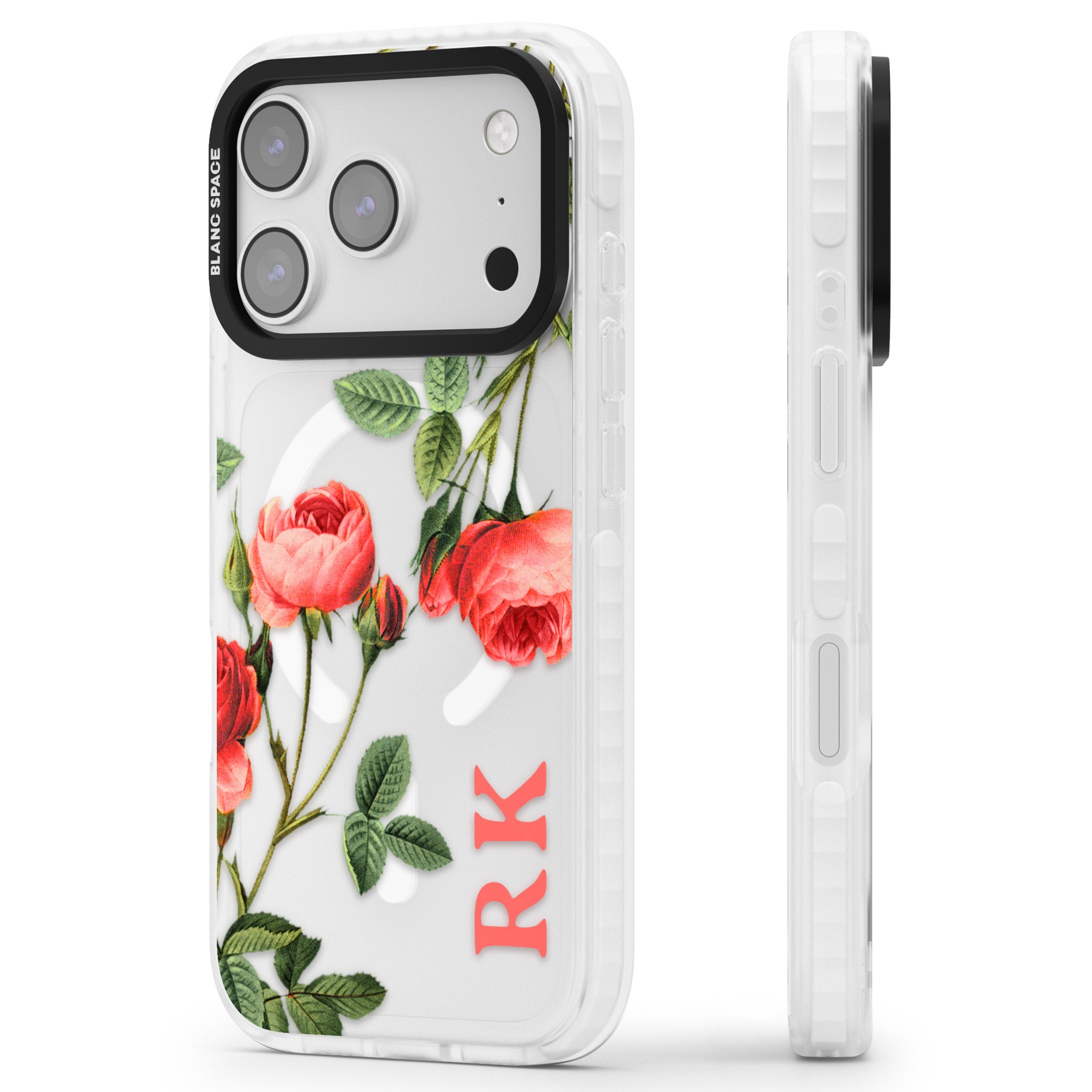 Personalised Vintage Floral Rose iPhone 17 Pro Max Impact Pro Clear Phone Case Side Profile