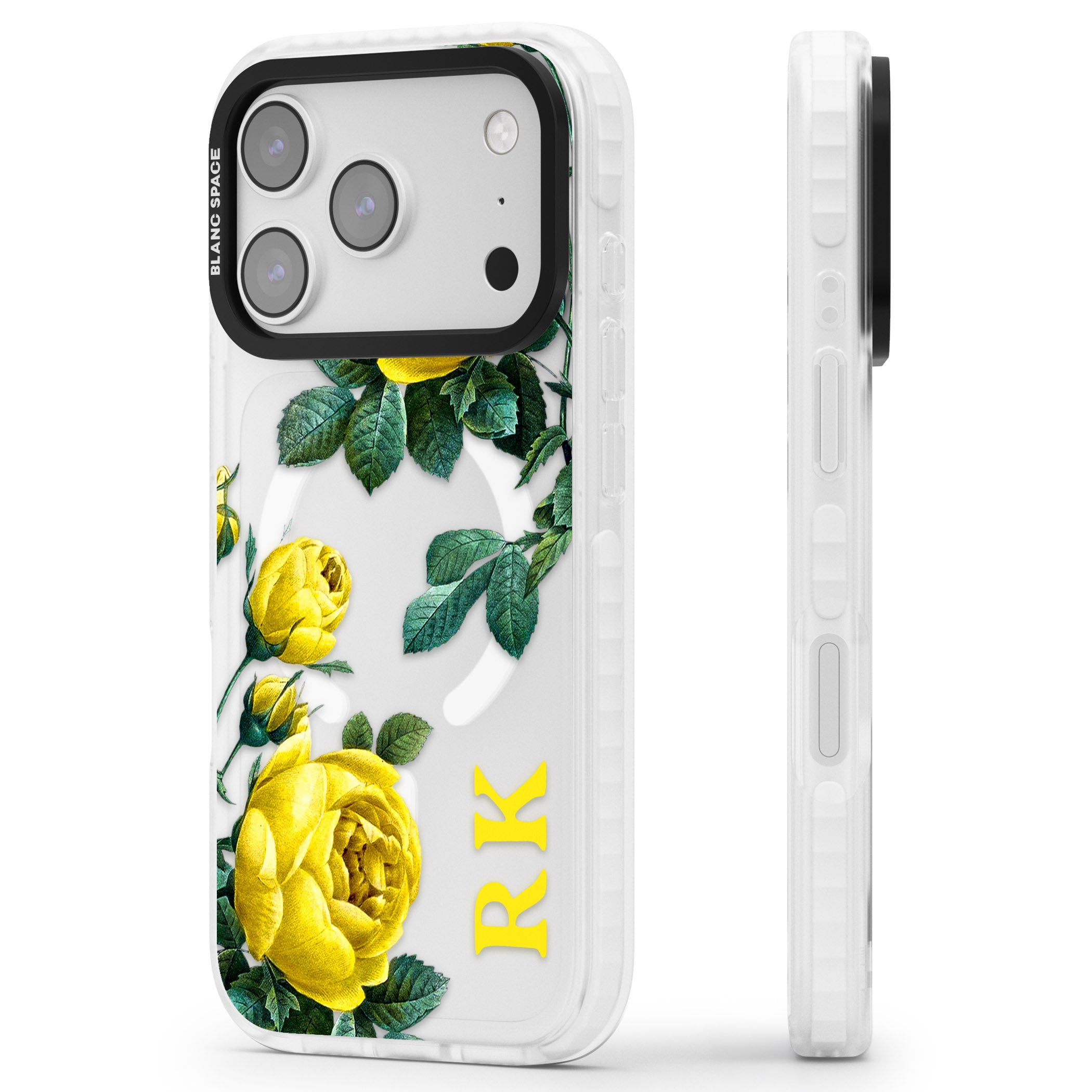 Personalised Vintage Floral Yellow Roses iPhone 17 Pro Max Impact Pro Clear Phone Case Side Profile