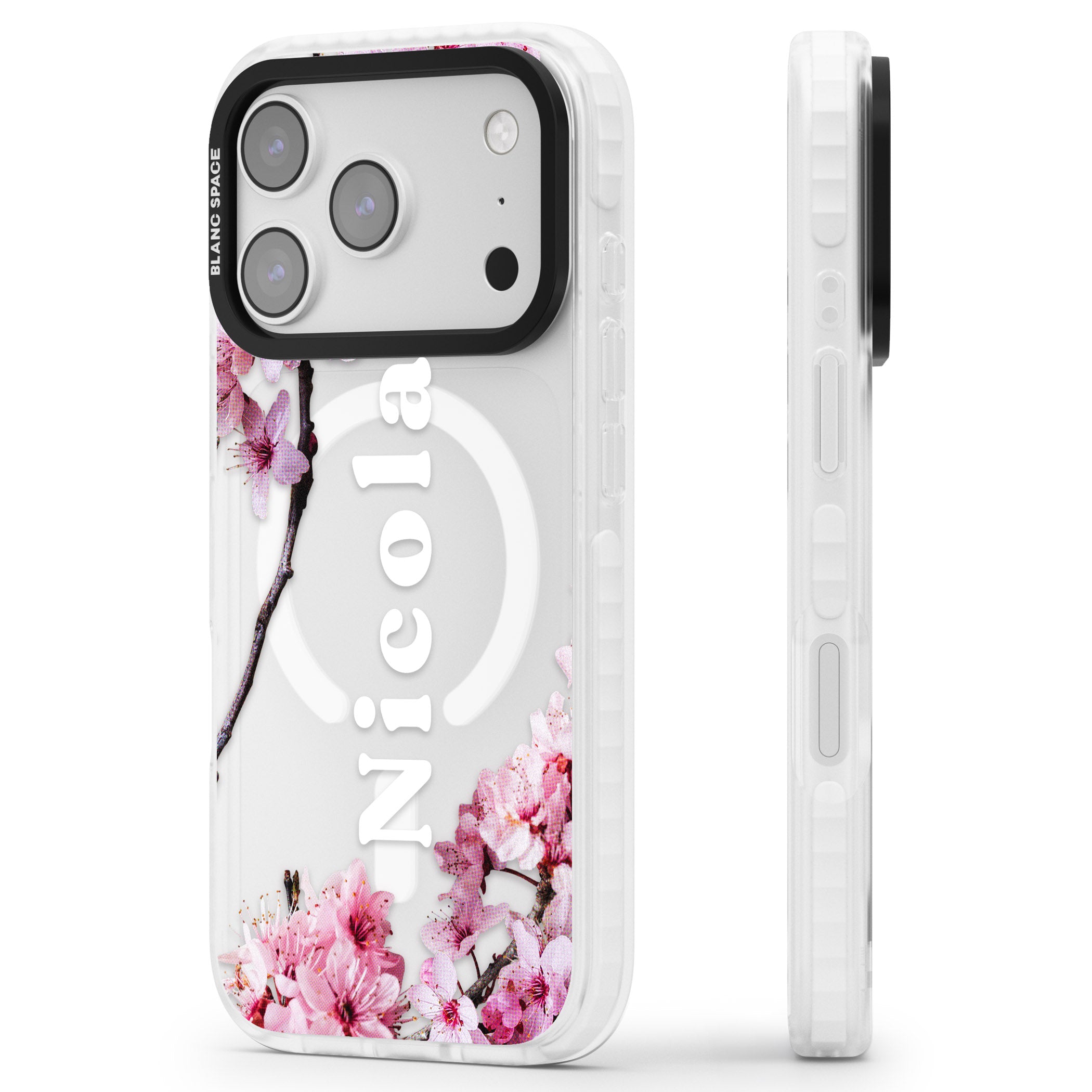 Personalised Cherry Blossom Elegance Classic iPhone 17 Pro Max Impact Pro Clear Phone Case Side Profile