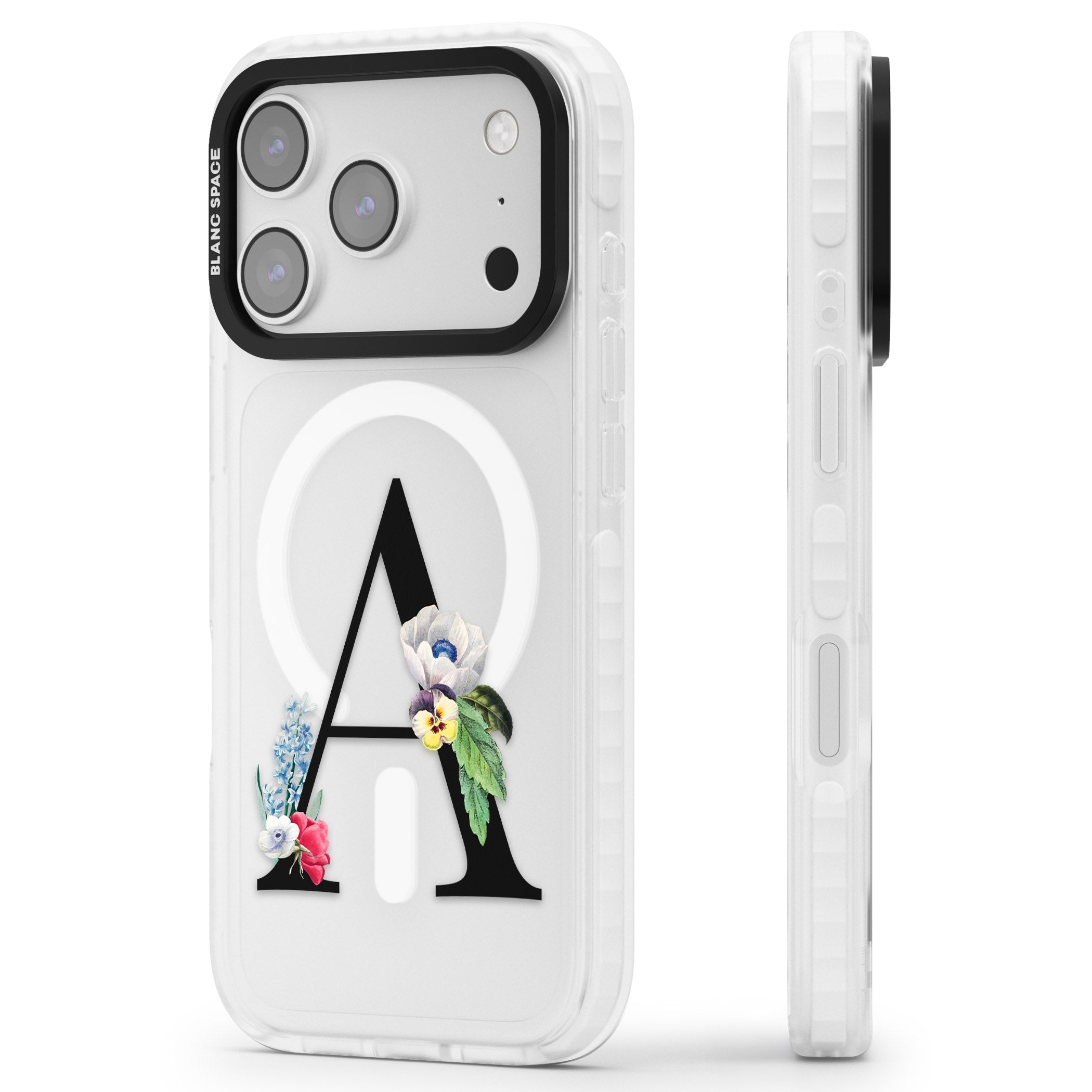 Personalised Floral Initial iPhone 17 Pro Impact Pro Clear Phone Case Side Profile