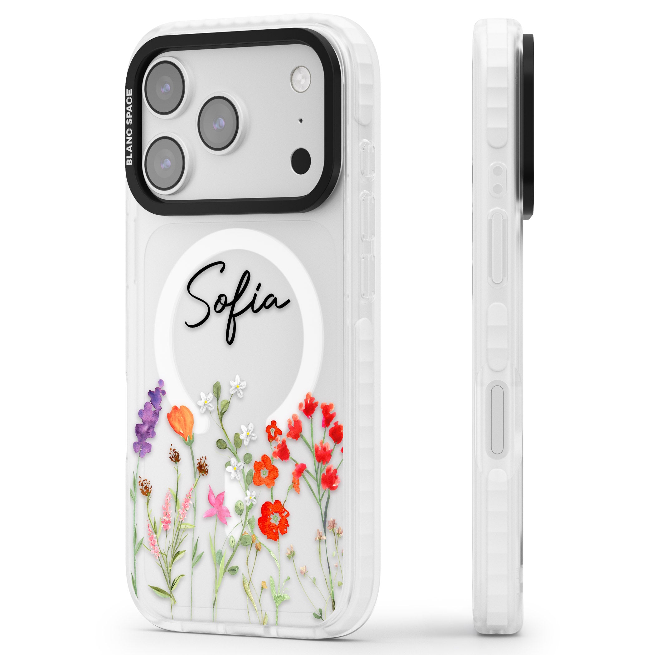 Personalised Spring Wildflowers iPhone 17 Pro Max Impact Pro Clear Phone Case Side Profile