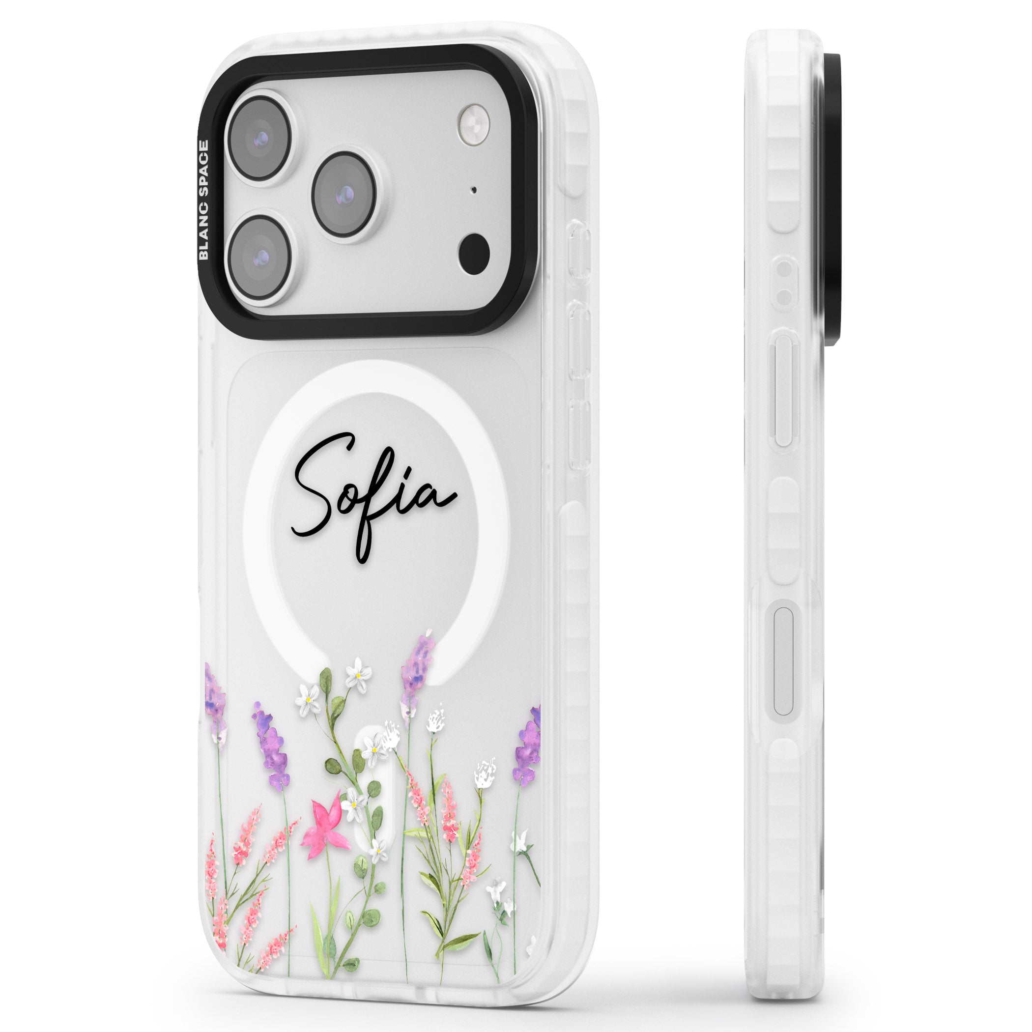 Personalised Lavender Wildflowers iPhone 17 Pro Impact Pro Clear Phone Case Side Profile