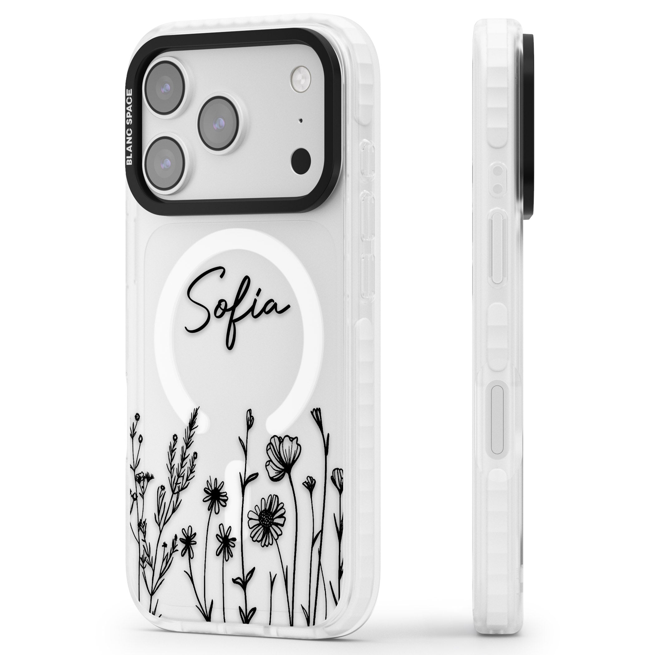Personalised Black Wildflowers iPhone 17 Pro Max Impact Pro Clear Phone Case Side Profile