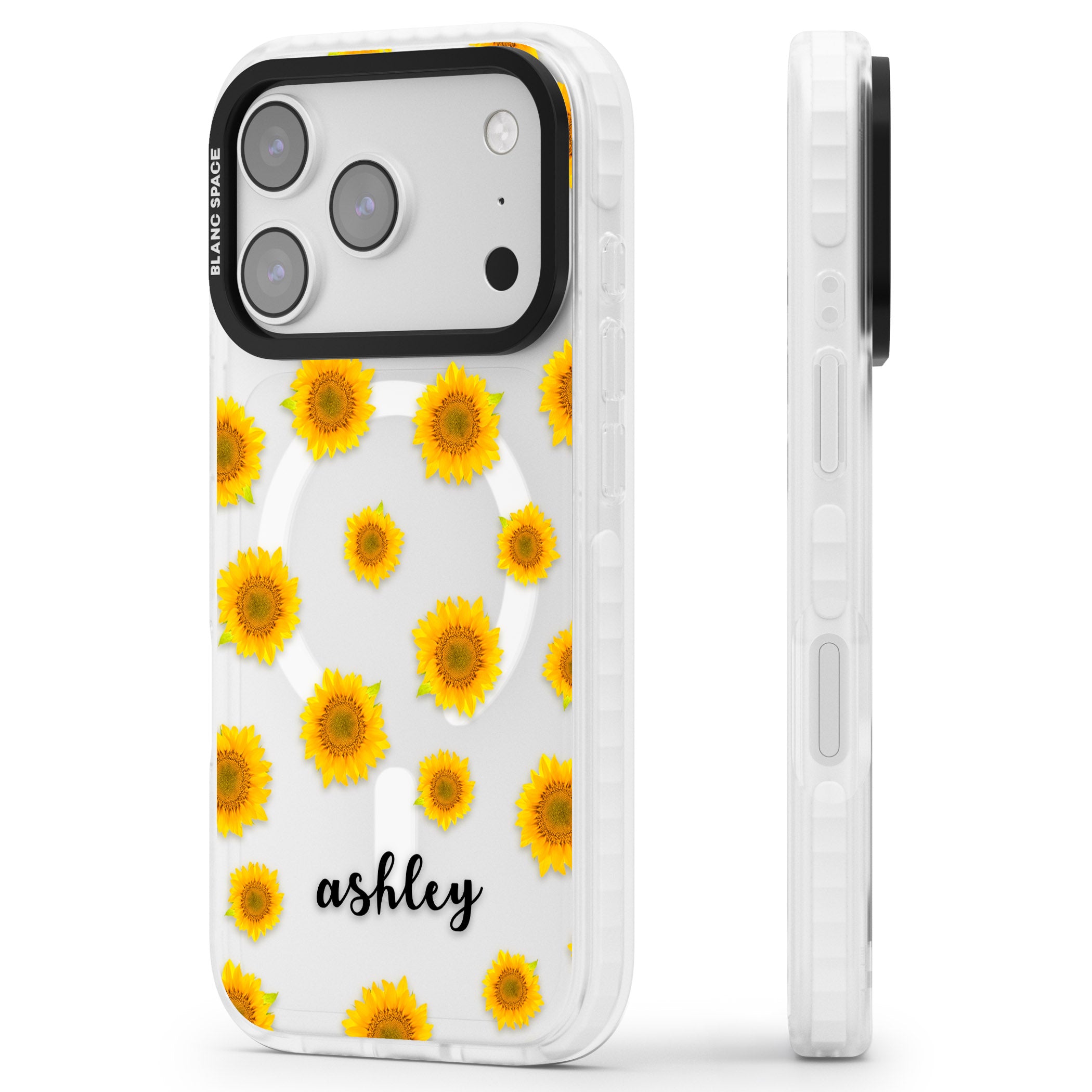 Personalised Sunflowers & Cursive iPhone 17 Pro Impact Pro Clear Phone Case Side Profile