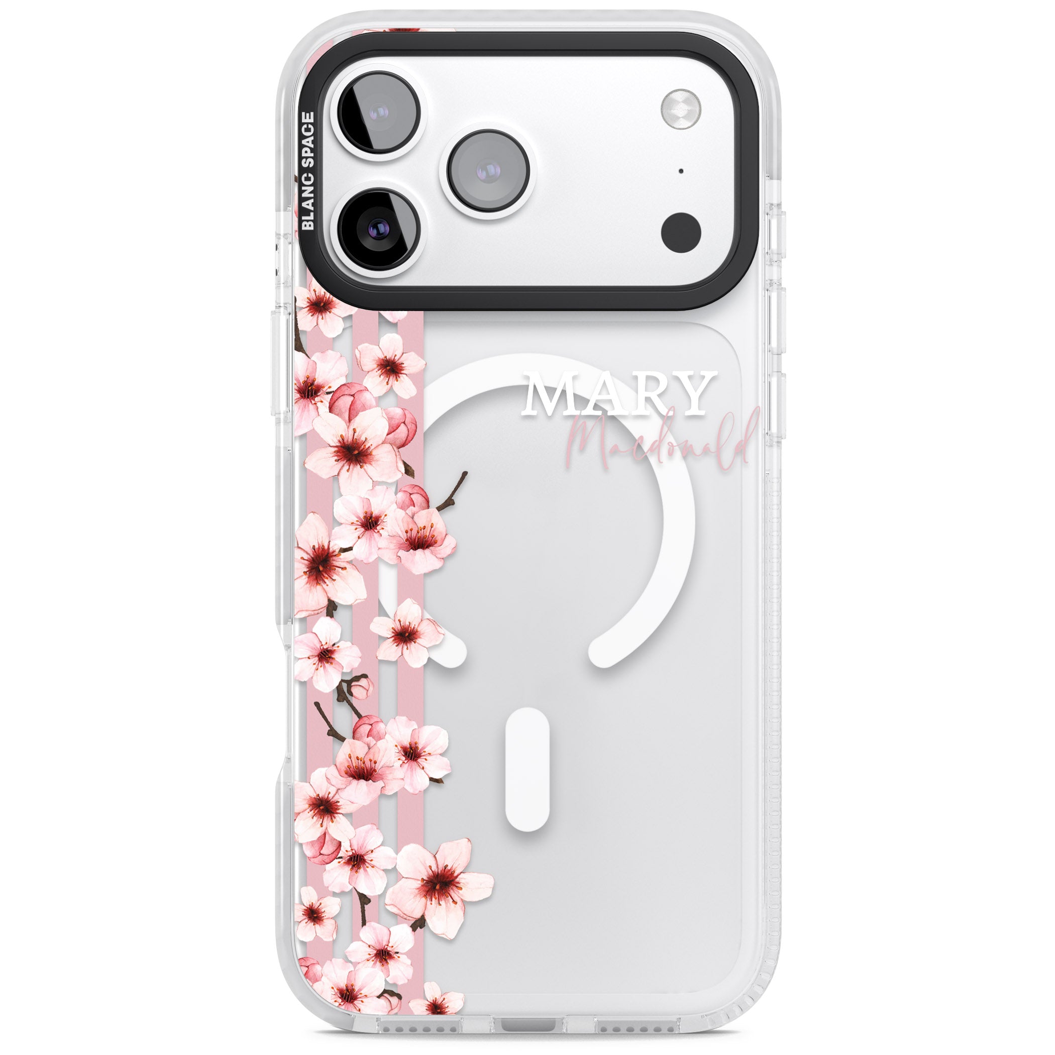 Personalised Cherry Blossom Stripes iPhone 17 Pro Impact Pro Clear Phone Case