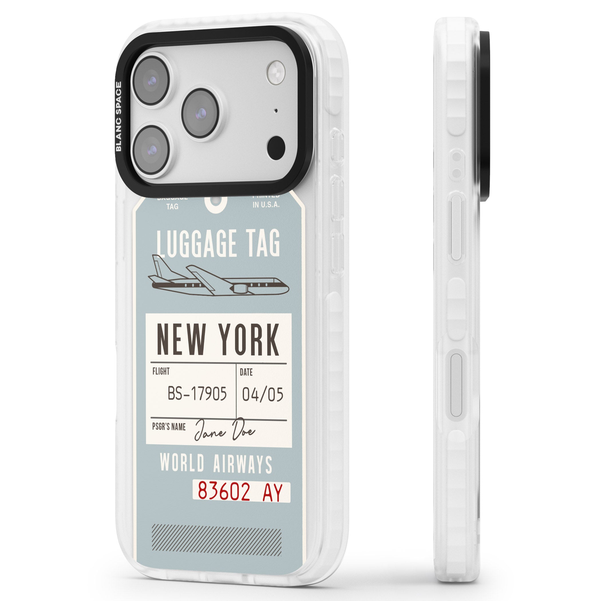Personalised Vintage Usa Luggage Tag iPhone 17 Pro Impact Pro Clear Phone Case Side Profile