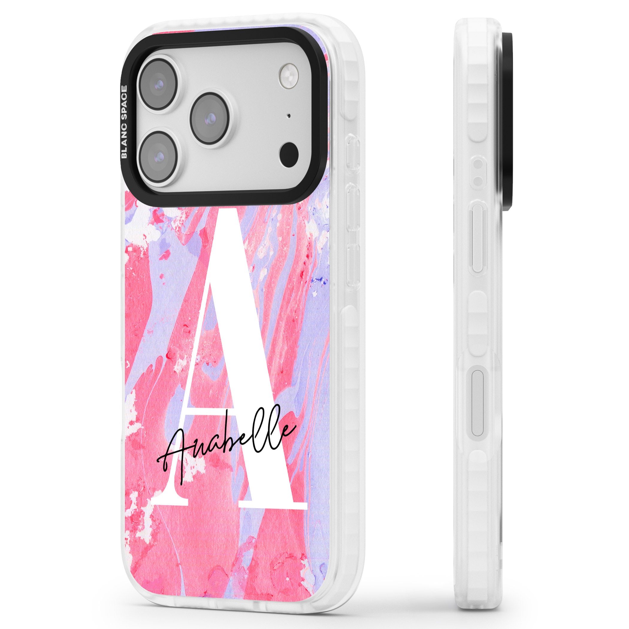 Personalised Pink & Purple Marble iPhone 17 Pro Max Impact Pro Clear Phone Case Side Profile