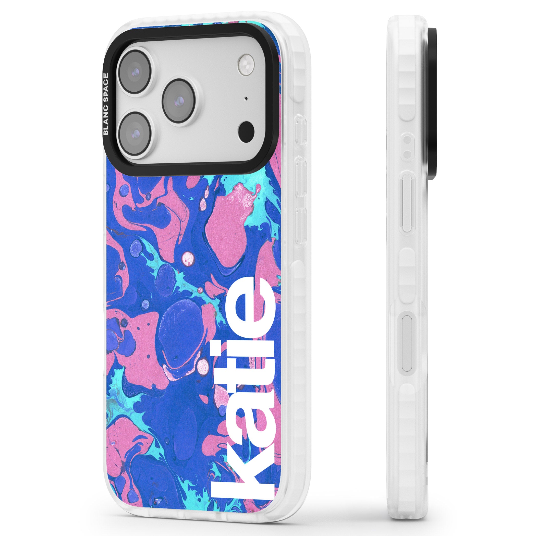 Personalised Navy & Turquoise Marbled iPhone 17 Pro Max Impact Pro Clear Phone Case Side Profile