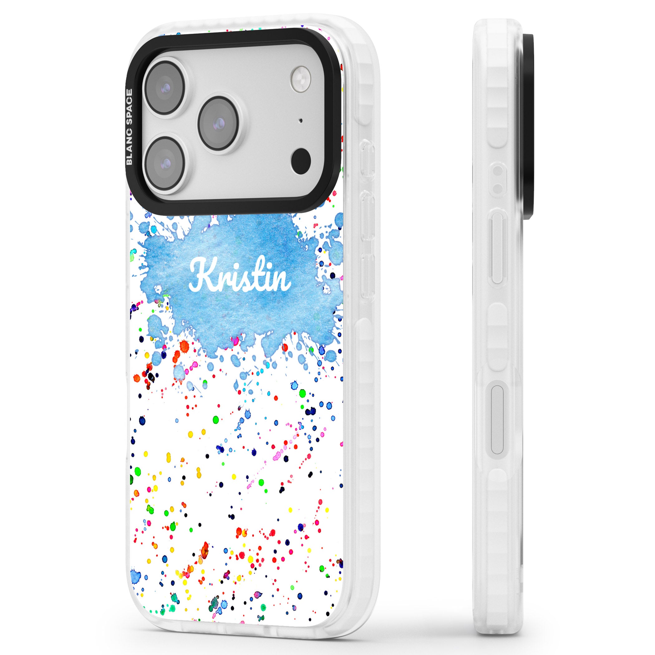 Personalised Rainbow Splatter Name iPhone 17 Pro Impact Pro Clear Phone Case Side Profile