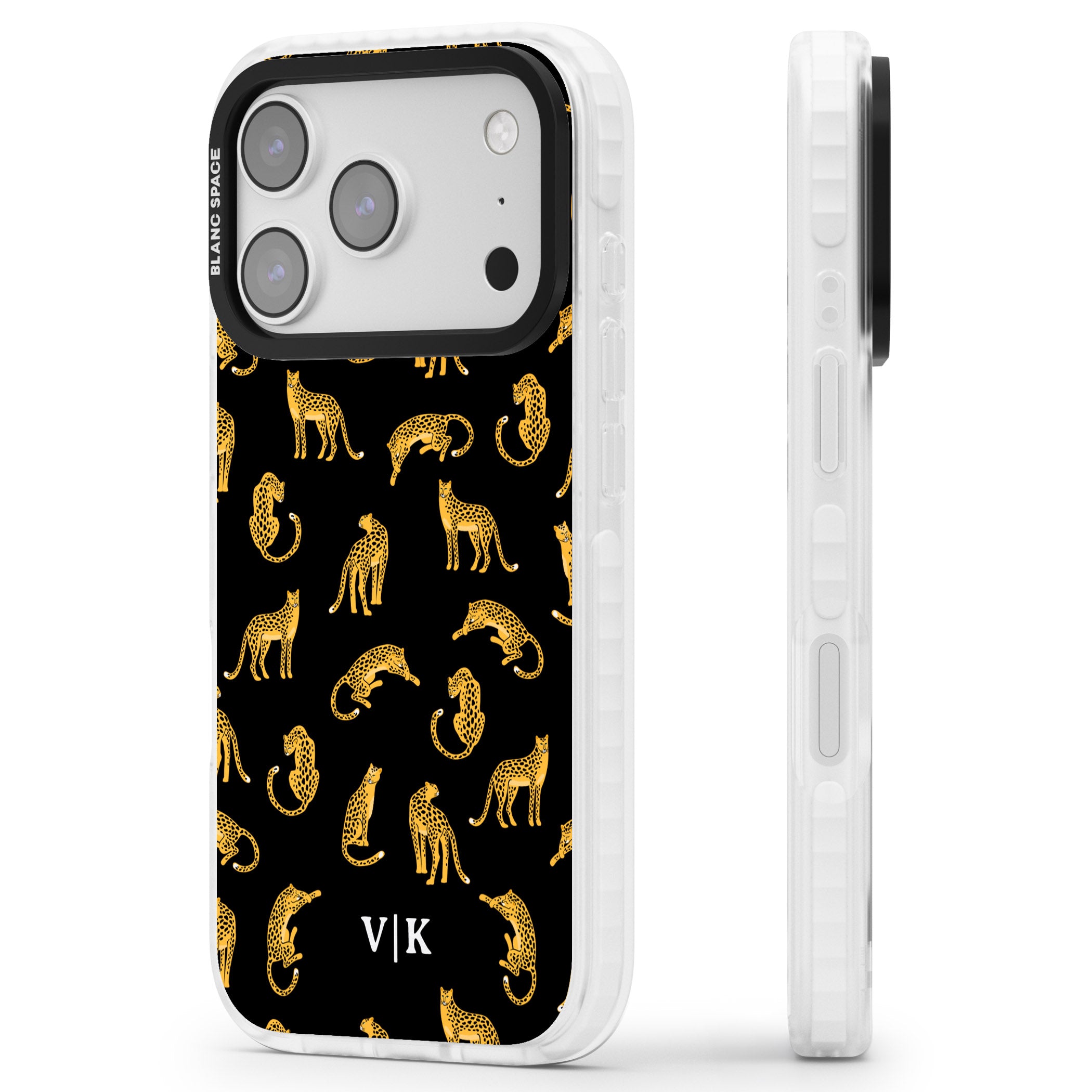 Personalised Gold Cheetah Pattern iPhone 17 Pro Impact Pro Clear Phone Case Side Profile