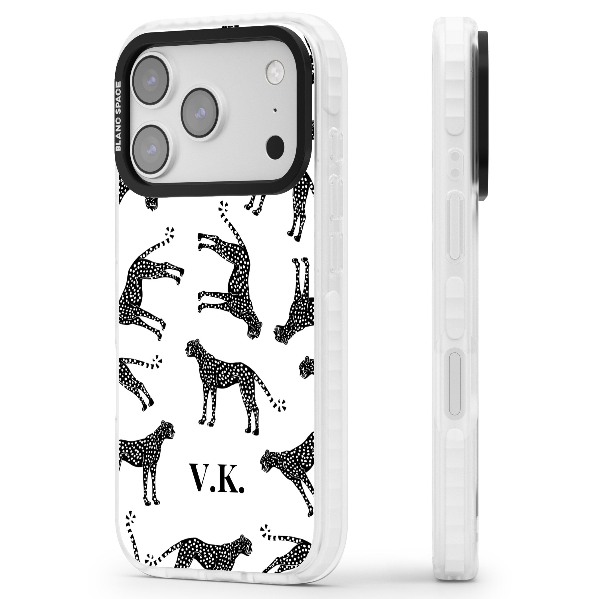 Personalised Black & White Cheetah Pattern iPhone 17 Pro Max Impact Pro Clear Phone Case Side Profile