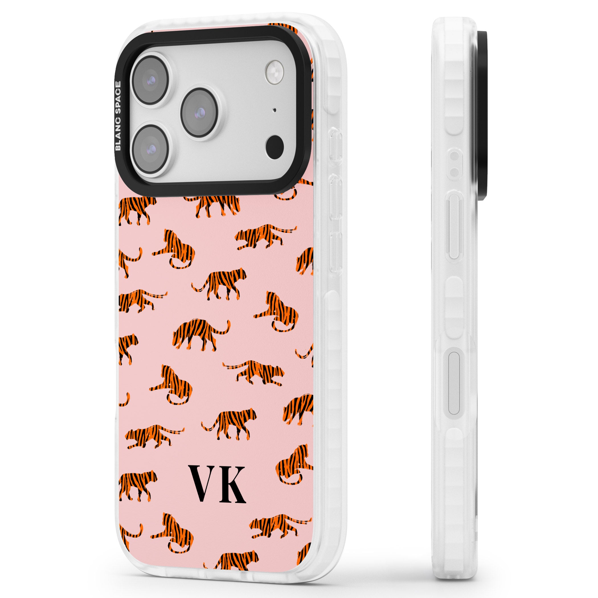 Personalised Pink Safari Tiger Pattern iPhone 17 Pro Impact Pro Clear Phone Case Side Profile