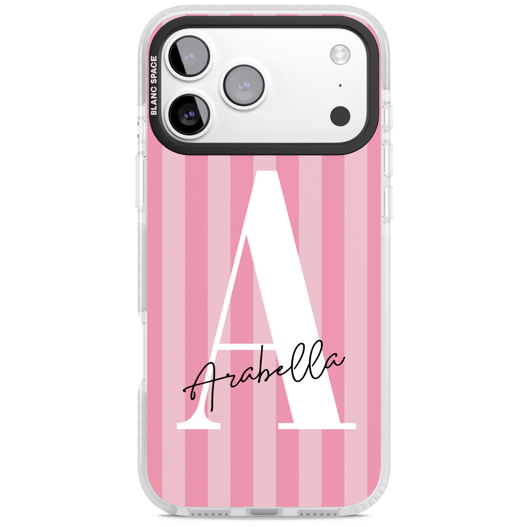 Personalised Pink Stripes Initial iPhone 17 Pro Max Impact Pro Clear Phone Case