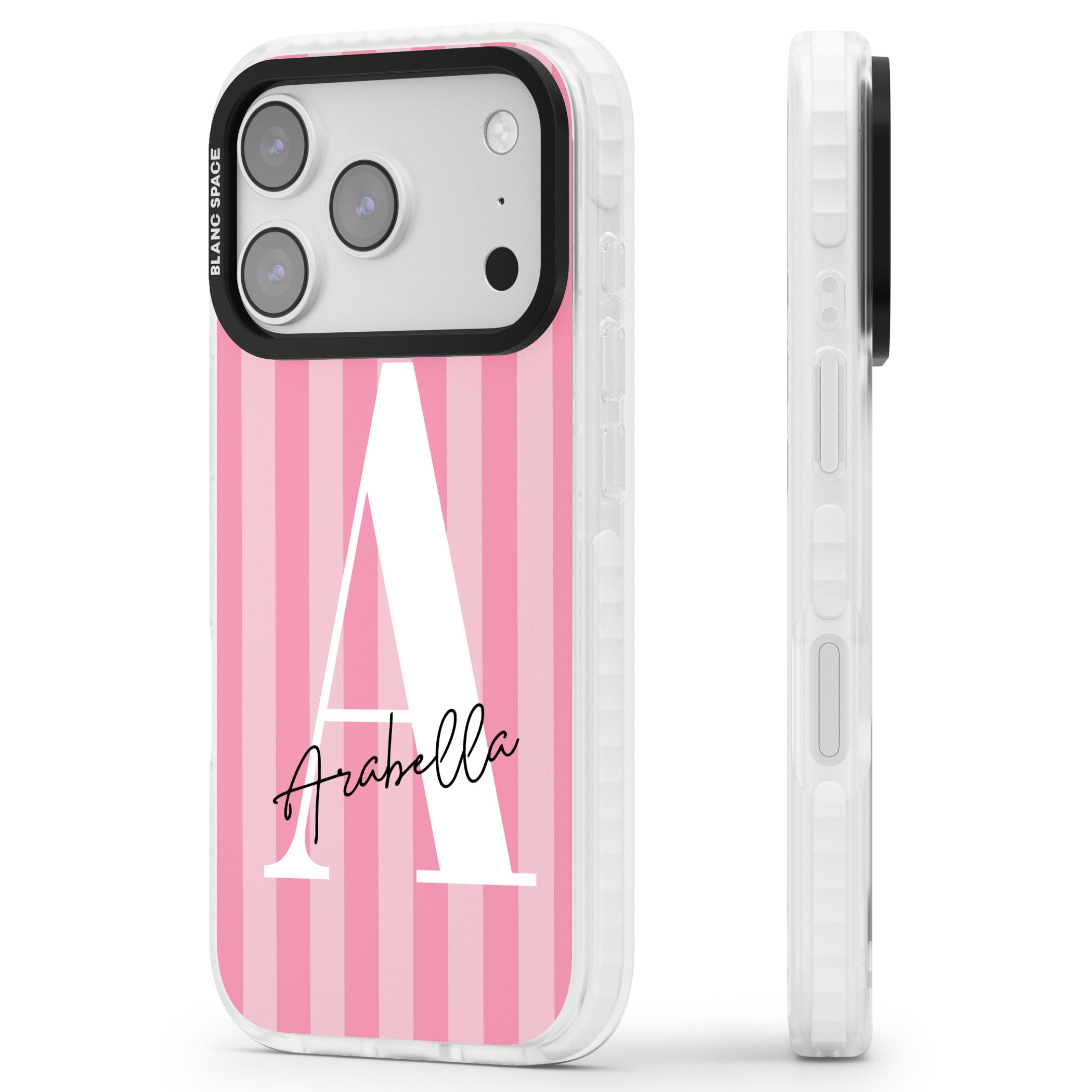 Personalised Pink Stripes Initial iPhone 17 Pro Max Impact Pro Clear Phone Case Side Profile