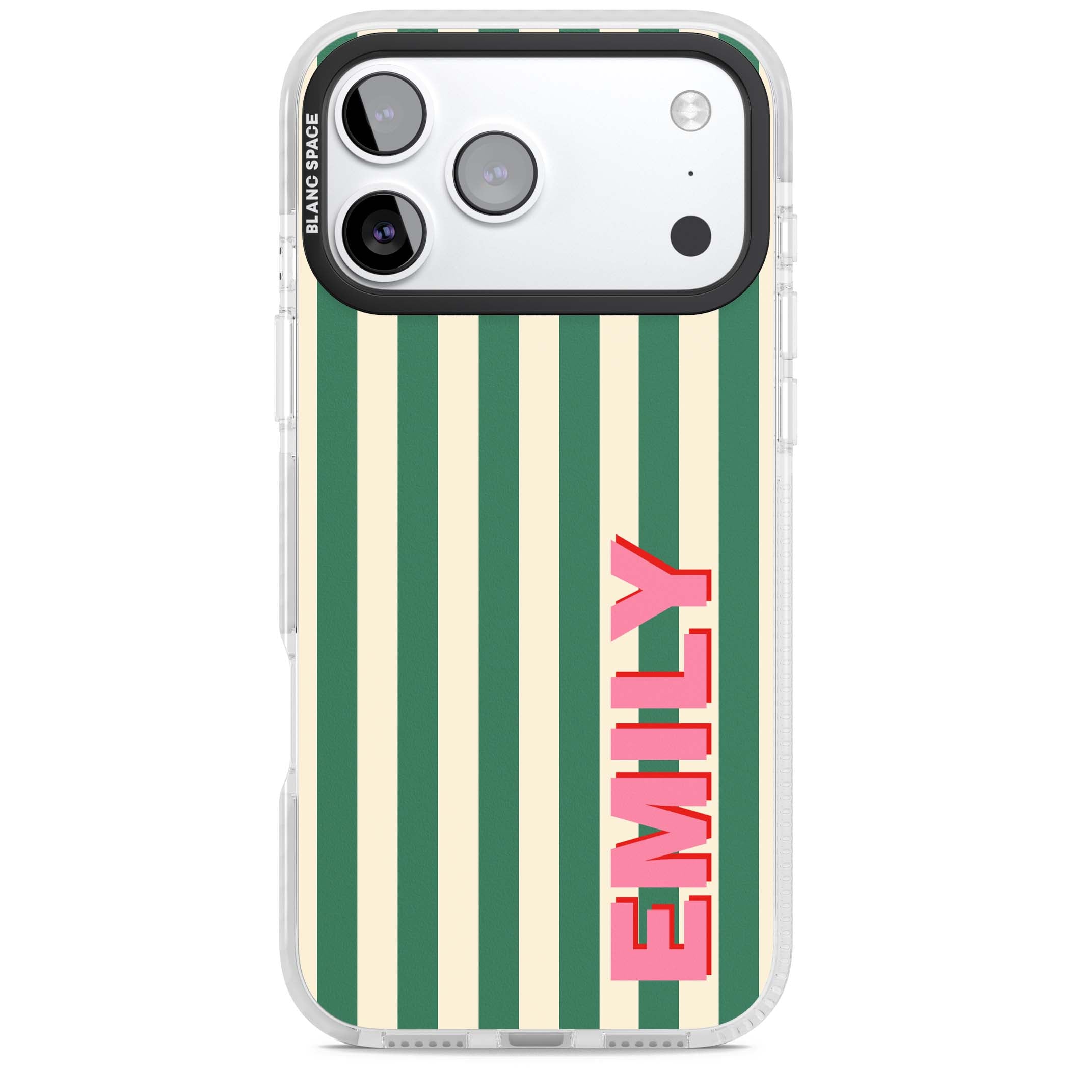 Wimbledon Stripe preppy iPhone case featuring green and cream vertical stripes with a personalised pink name | Impact Magsafe case for iPhone 17 Pro, iPhone 17 Pro Max