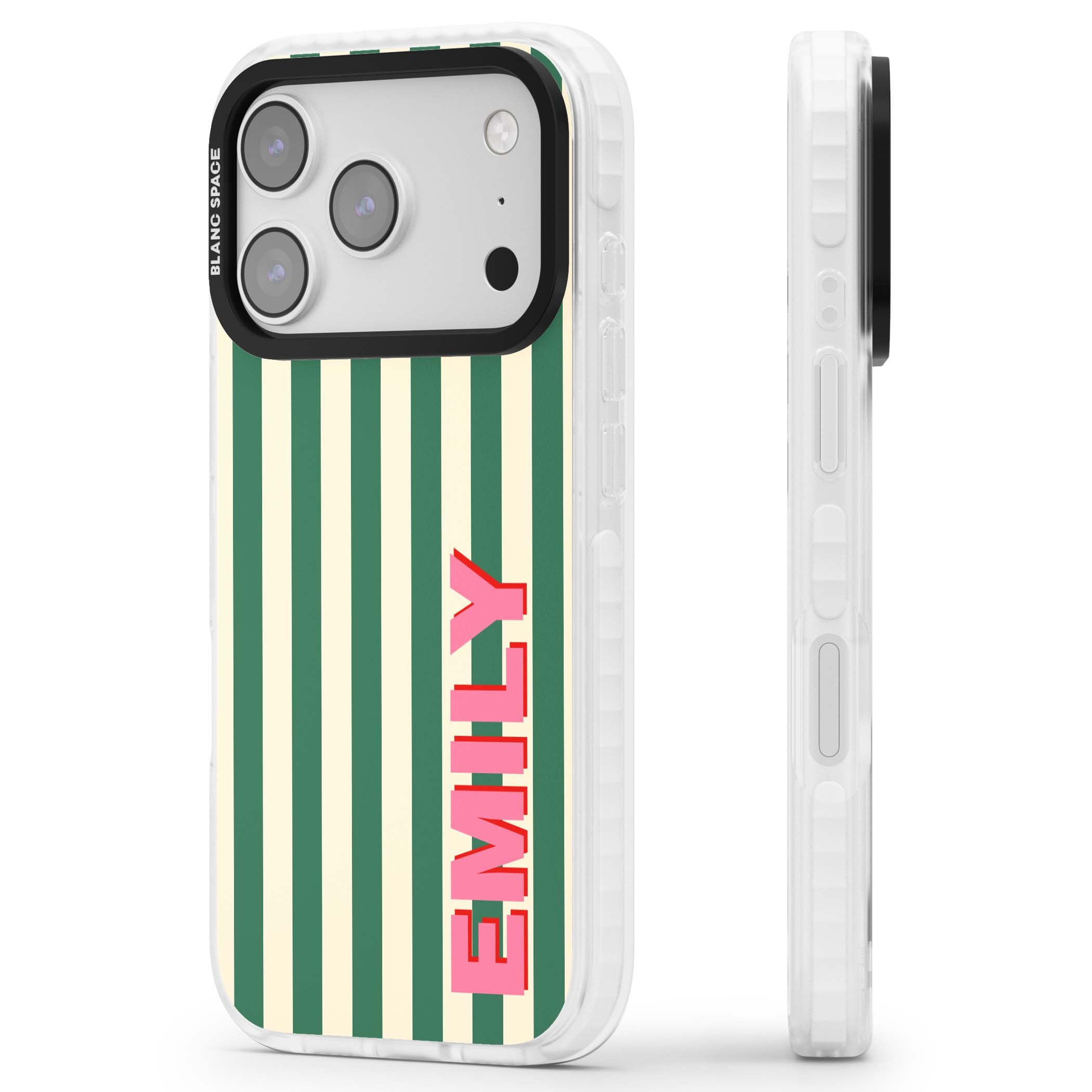 Wimbledon Stripe preppy iPhone case featuring green and cream vertical stripes with a personalised pink name | Impact Magsafe case for iPhone 17 Pro, iPhone 17 Pro Max