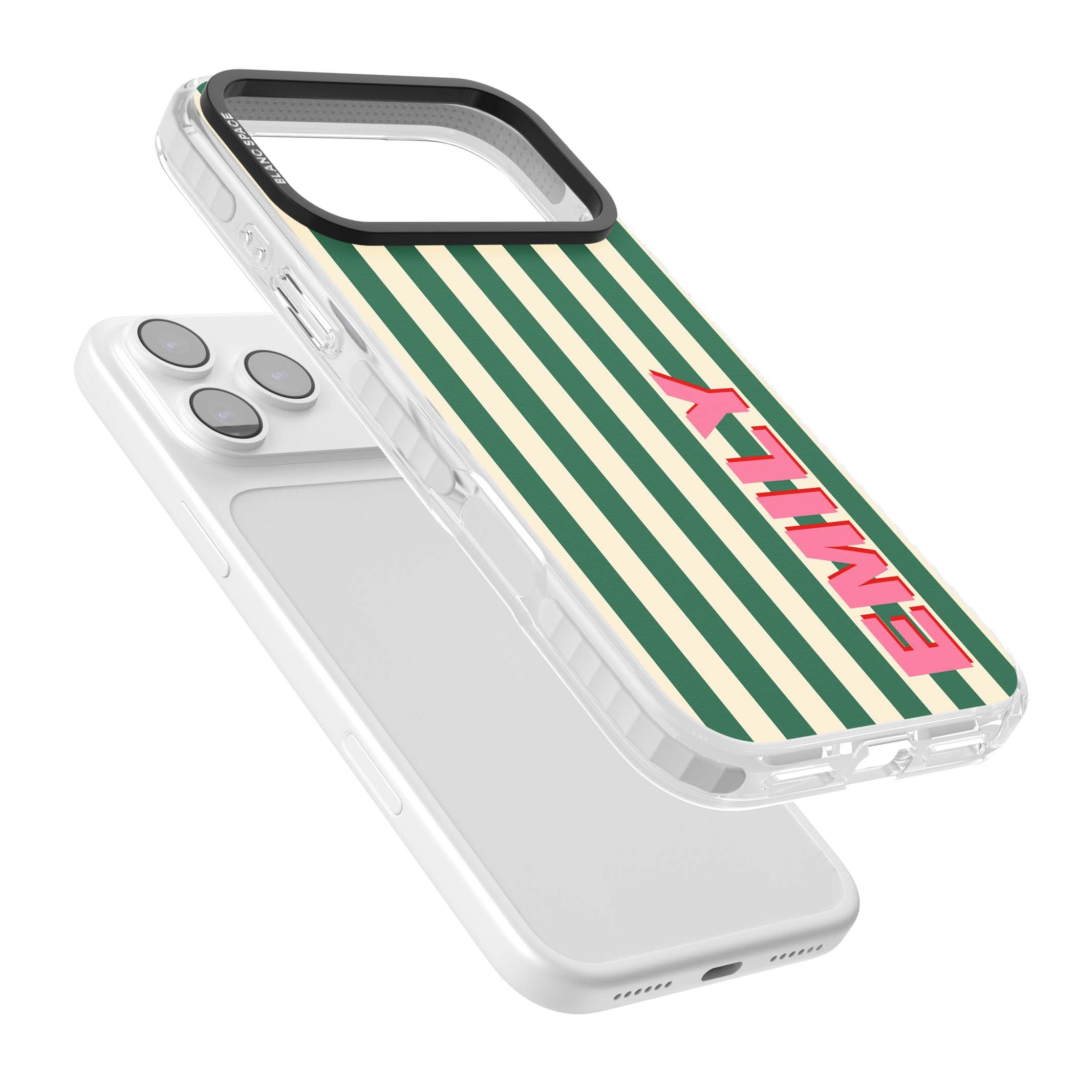 Wimbledon Stripe preppy iPhone case featuring green and cream vertical stripes with a personalised pink name | Impact Magsafe case for iPhone 17 Pro, iPhone 17 Pro Max