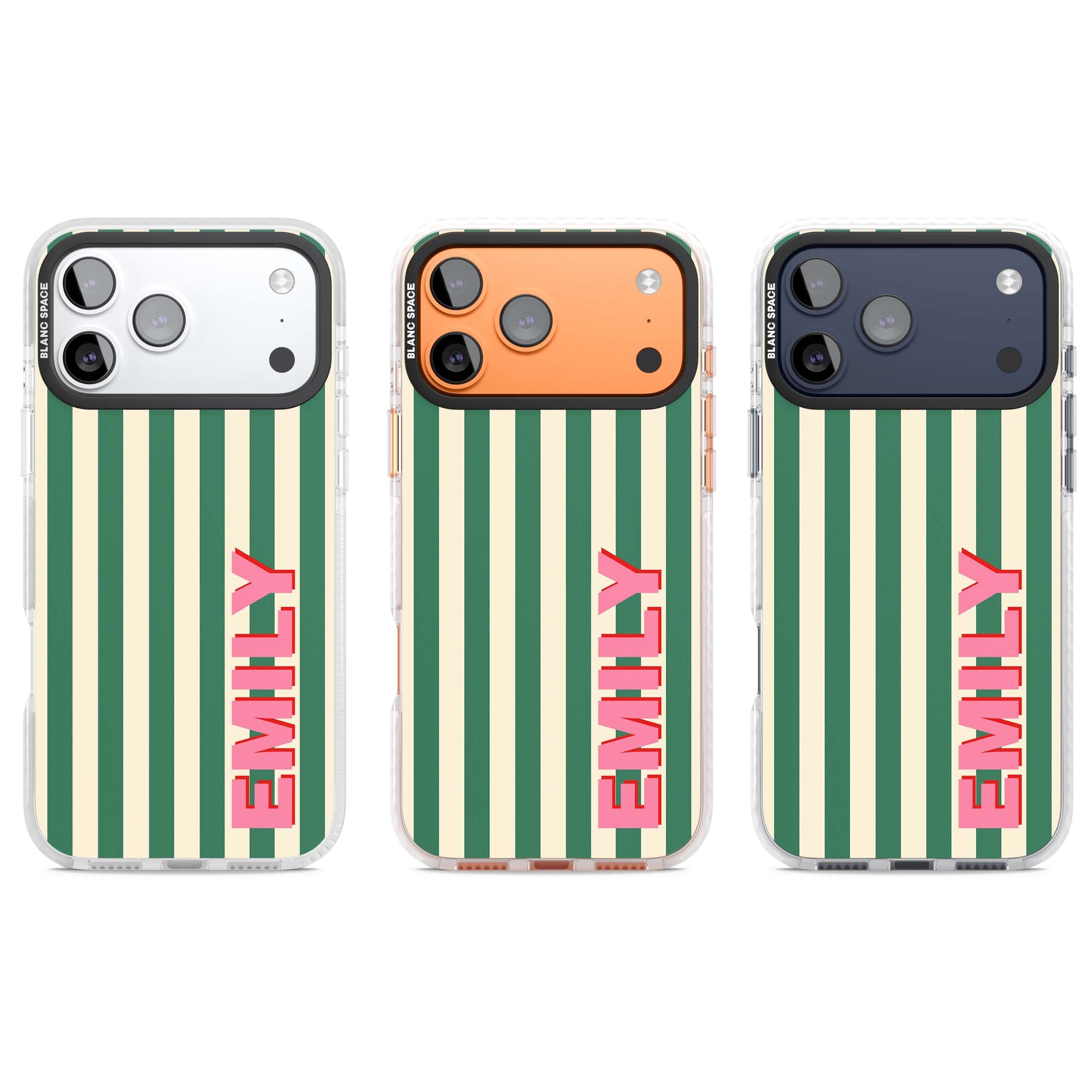 Wimbledon Stripe preppy iPhone case featuring green and cream vertical stripes with a personalised pink name | Impact Magsafe case for iPhone 17 Pro, iPhone 17 Pro Max