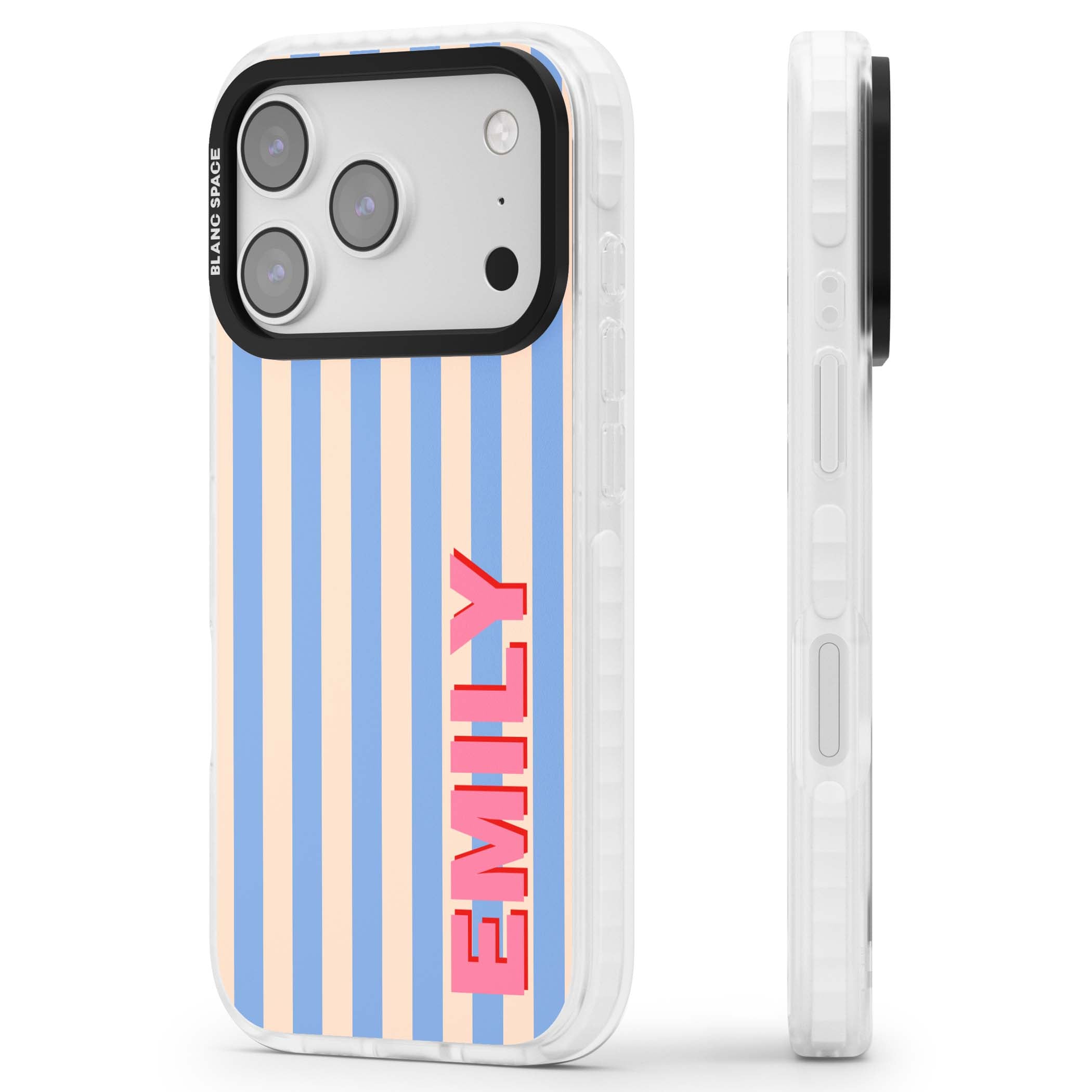 Coastal Stripe personalised coastal iPhone case with blue and peach vertical stripes and custom pink name | Impact Magsafe case for iPhone 17 Pro, iPhone 17 Pro Max