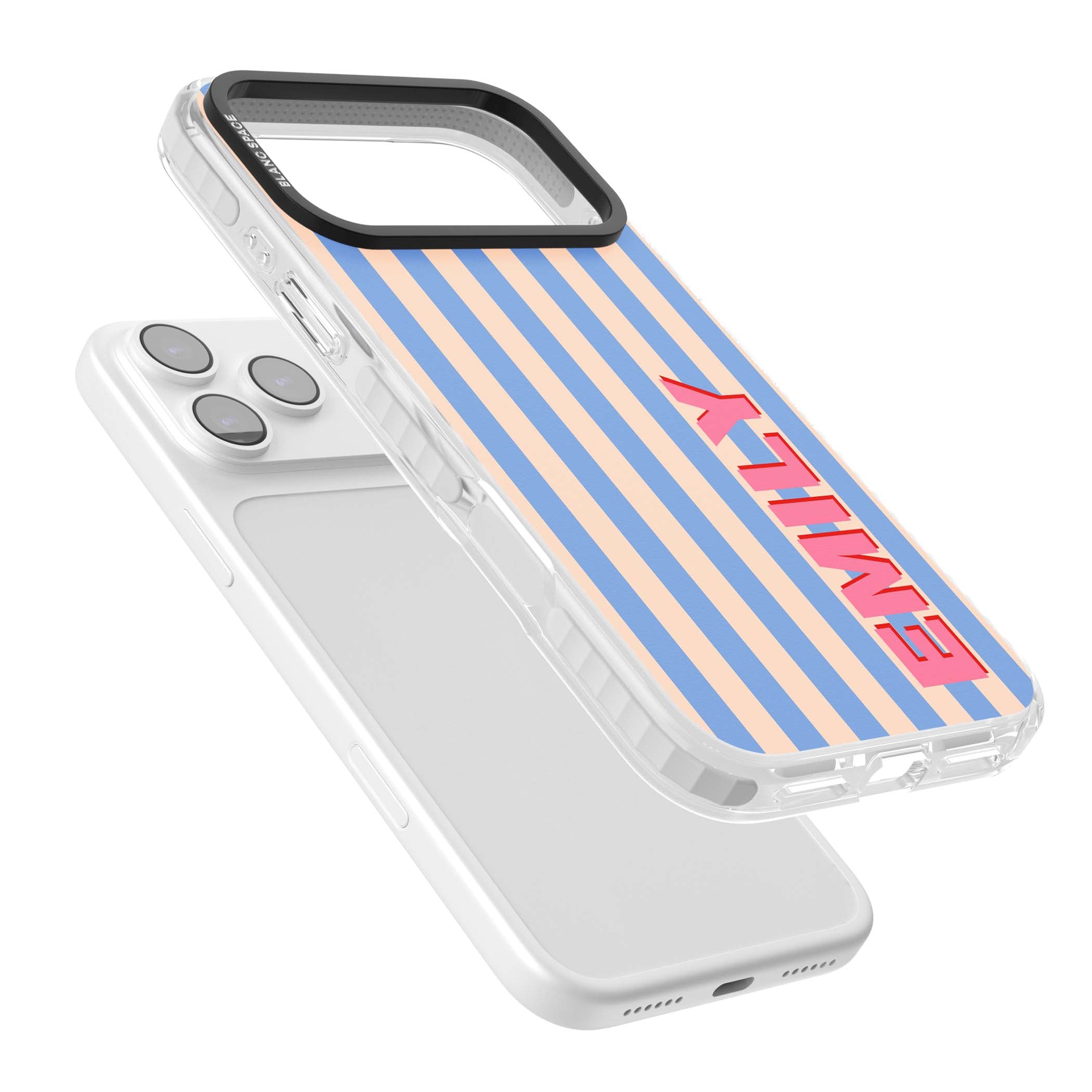 Coastal Stripe personalised coastal iPhone case with blue and peach vertical stripes and custom pink name | Impact Magsafe case for iPhone 17 Pro, iPhone 17 Pro Max