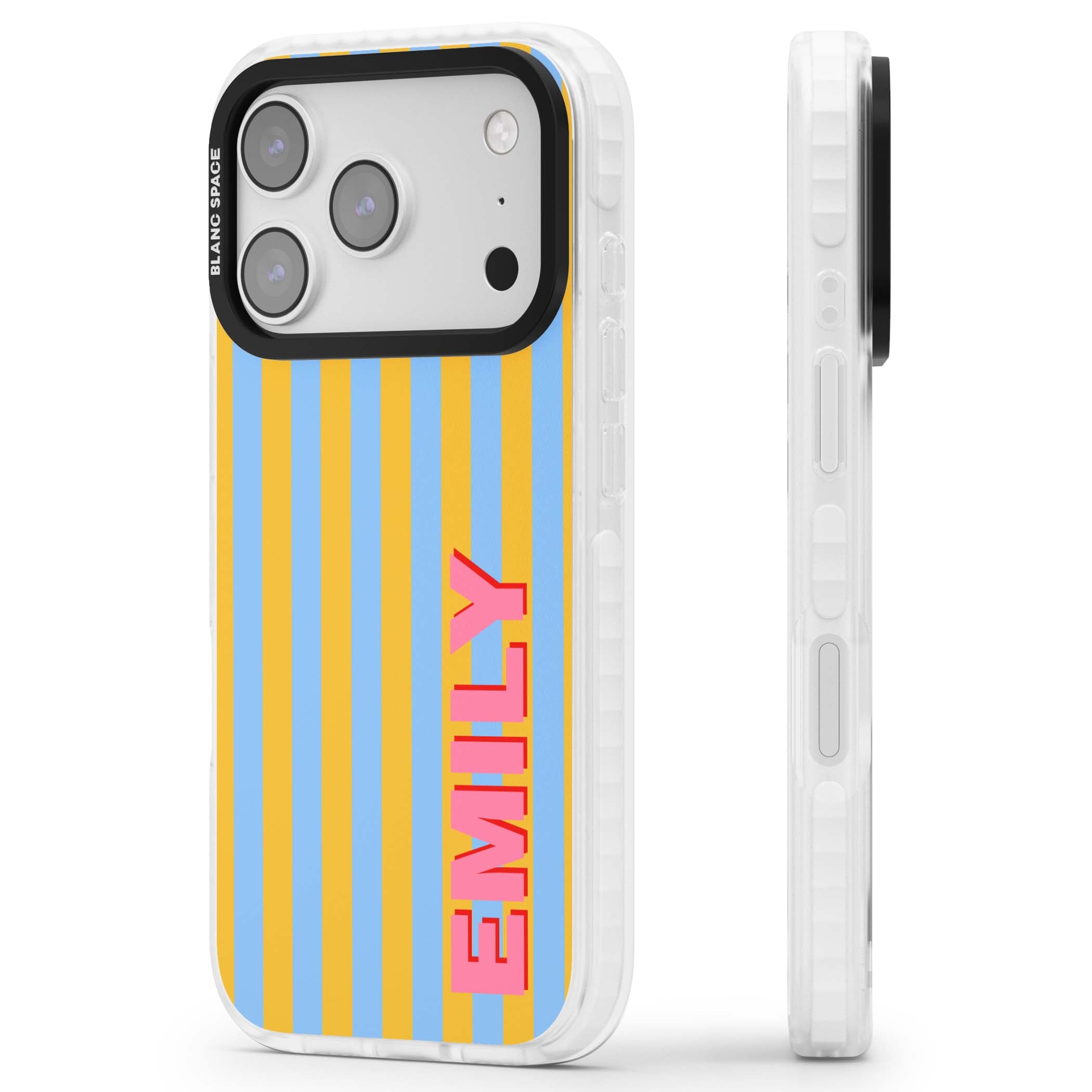 Carribean Stripe personalised coastal iPhone case with yellow and blue vertical stripes and a custom pink name | Impact Magsafe case for iPhone 17 Pro, iPhone 17 Pro Max