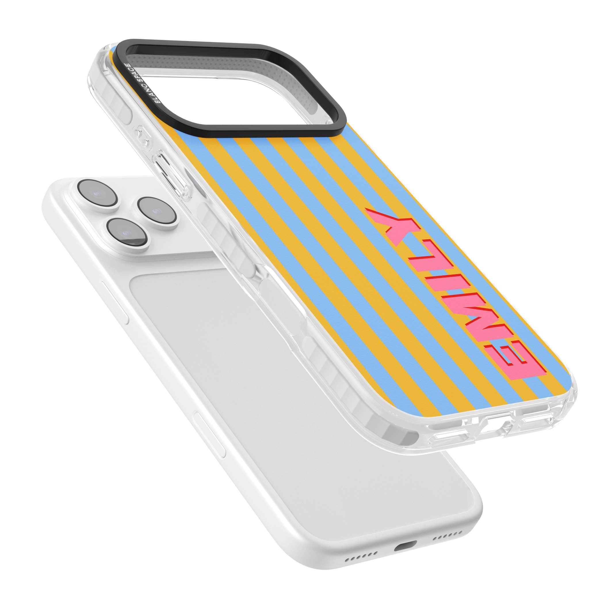 Carribean Stripe personalised coastal iPhone case with yellow and blue vertical stripes and a custom pink name | Impact Magsafe case for iPhone 17 Pro, iPhone 17 Pro Max