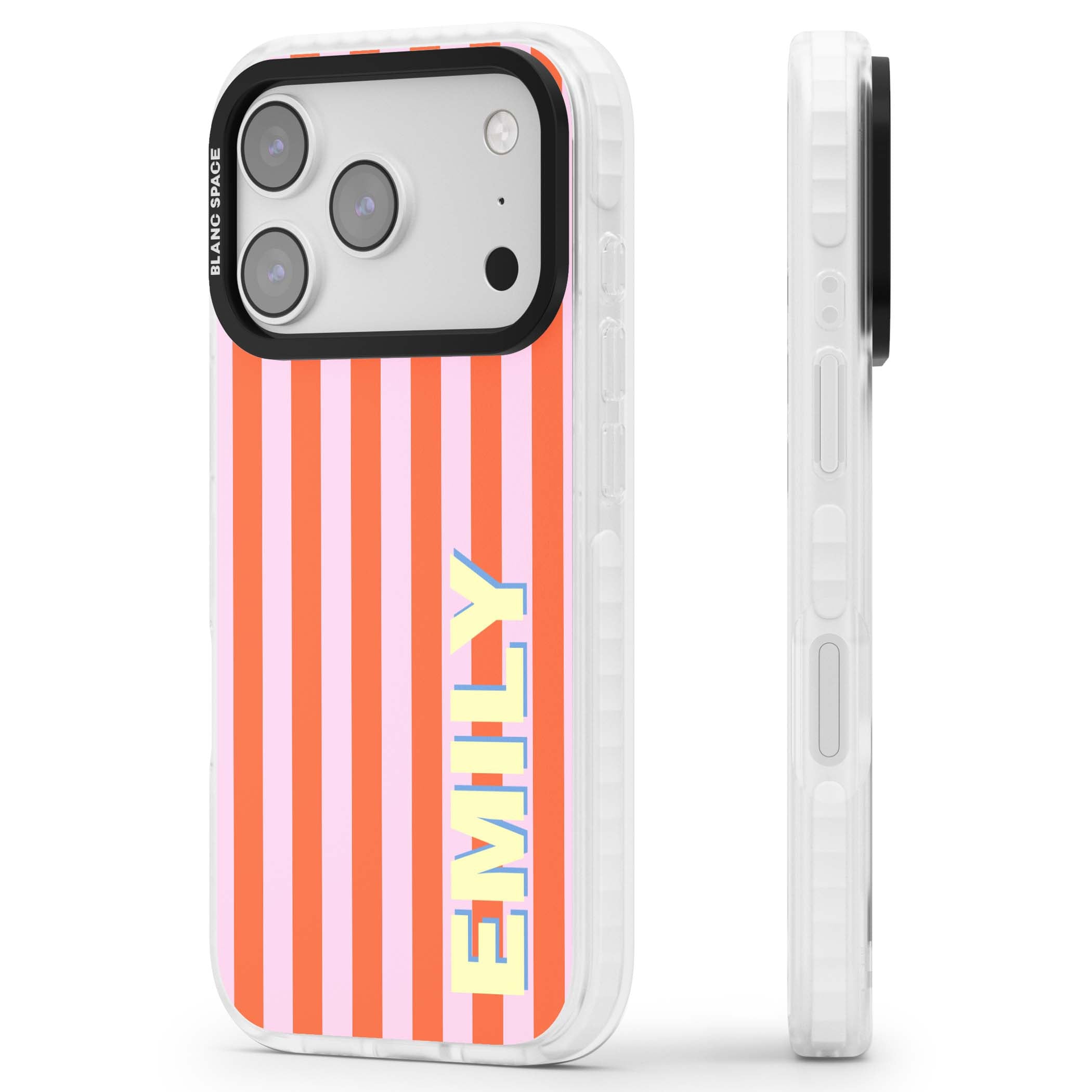 Havana Stripe personalised iPhone case featuring pink and orange vertical stripes with a custom yellow name | Impact Magsafe case for iPhone 17 Pro, iPhone 17 Pro Max