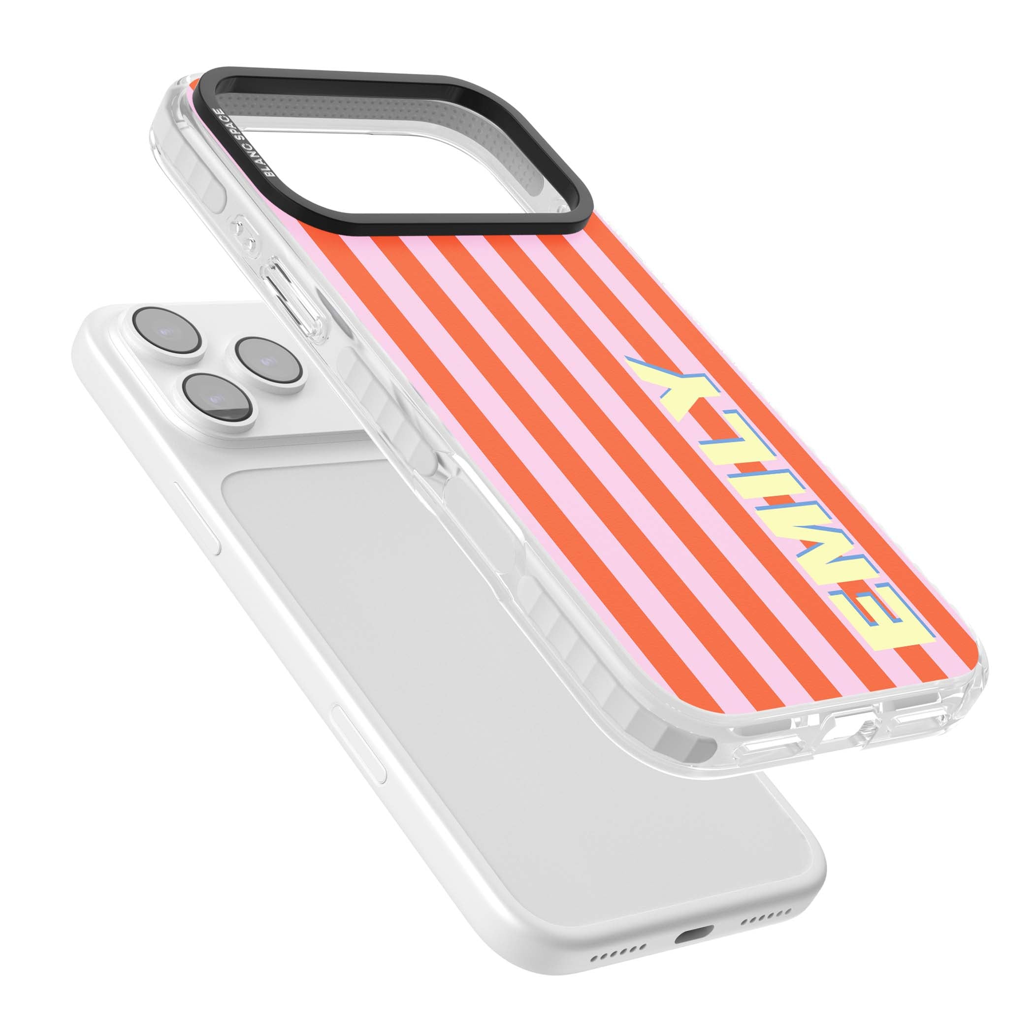 Havana Stripe personalised iPhone case featuring pink and orange vertical stripes with a custom yellow name | Impact Magsafe case for iPhone 17 Pro, iPhone 17 Pro Max