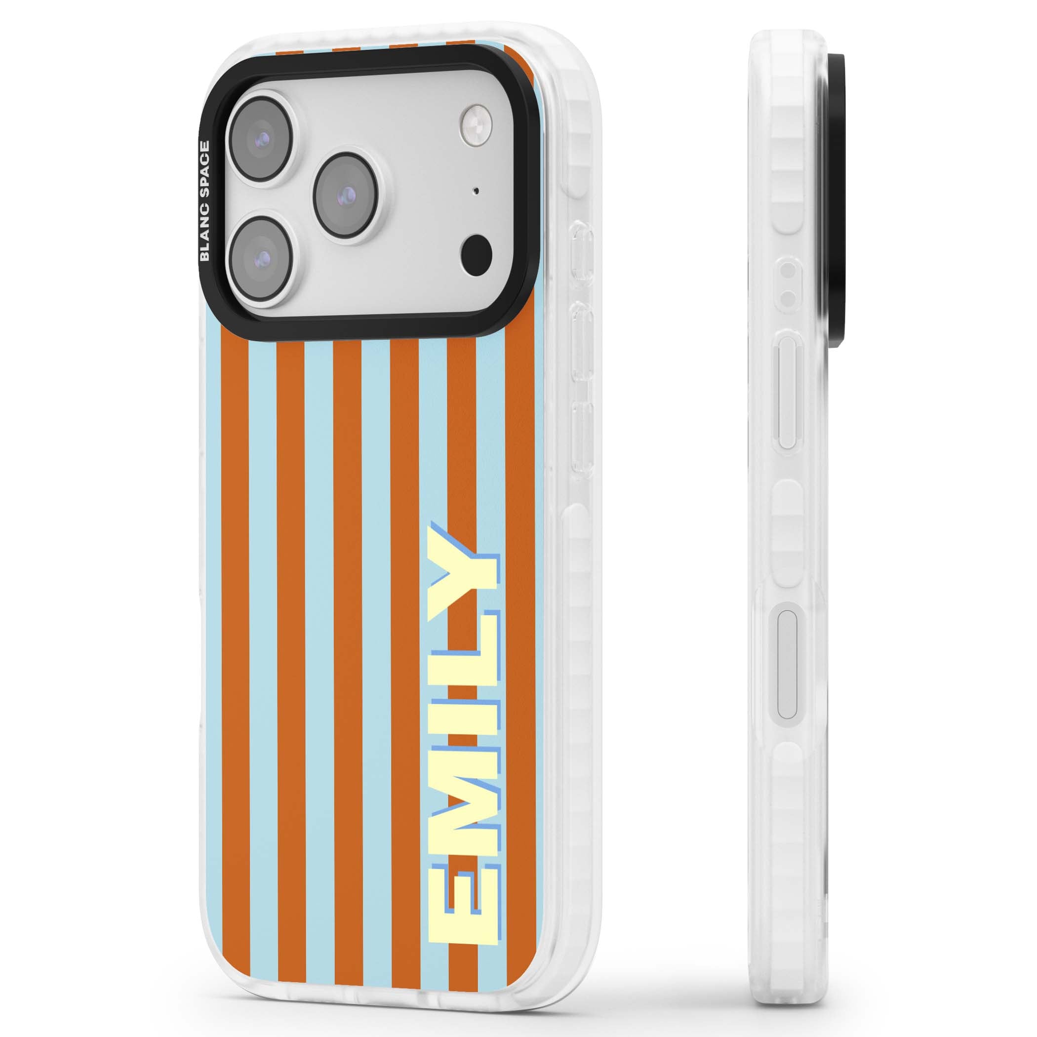 Cappadocia Stripe personalised coastal iPhone case featuring blue and orange vertical stripes with custom cream name | Impact Magsafe case for iPhone 17 Pro, iPhone 17 Pro Max