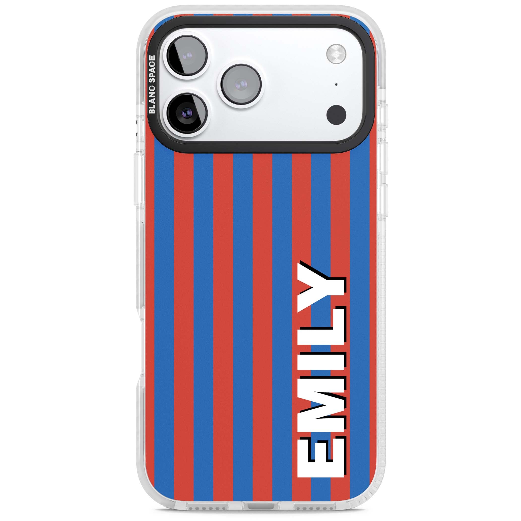 Cuban Stripe personalised iPhone case featuring red and blue vertical stripes with custom name in bold white letters | Impact Magsafe case for iPhone 17 Pro, iPhone 17 Pro Max