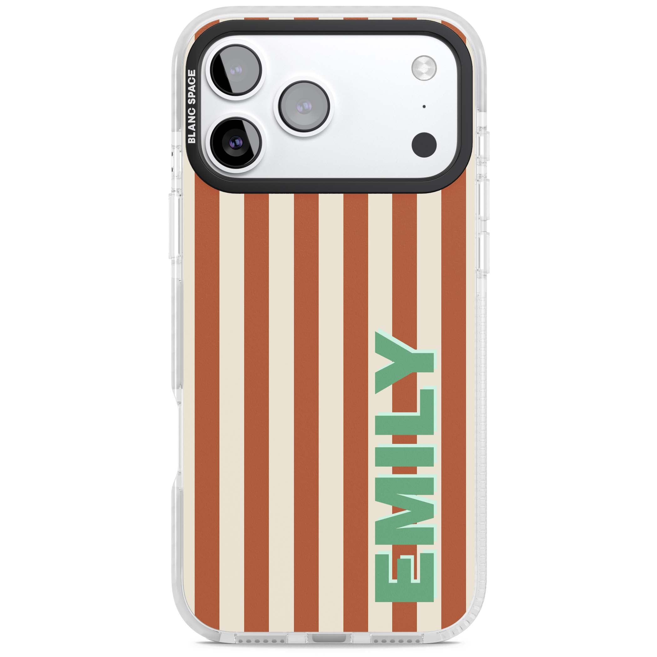 Dune Stripe personalised iPhone case with rust and cream vertical stripes and custom name in mint green | Impact Magsafe case for iPhone 17 Pro, iPhone 17 Pro Max