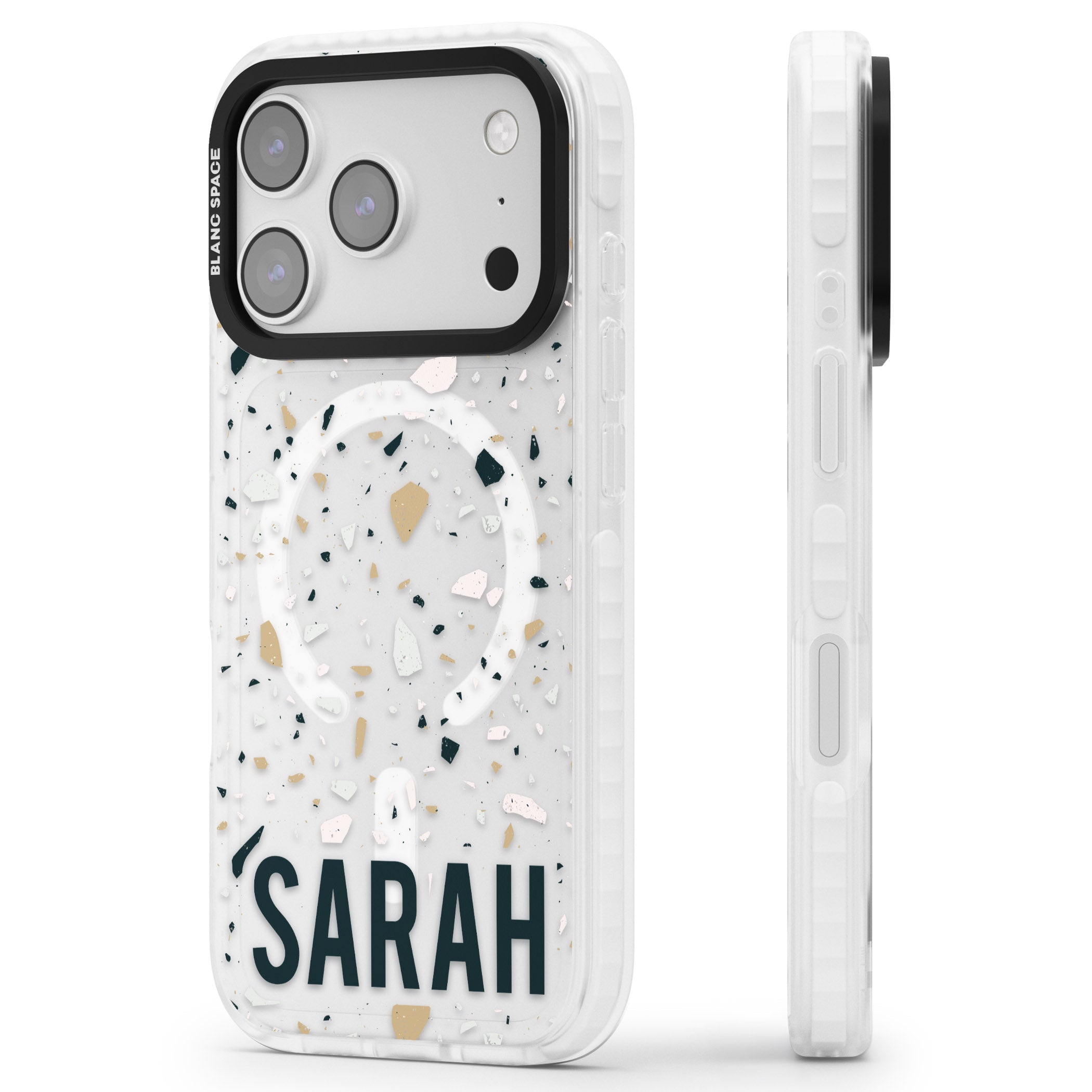 Personalised Terrazzo Blue, Pink, Brown iPhone 17 Pro Max Impact Pro Clear Phone Case Side Profile