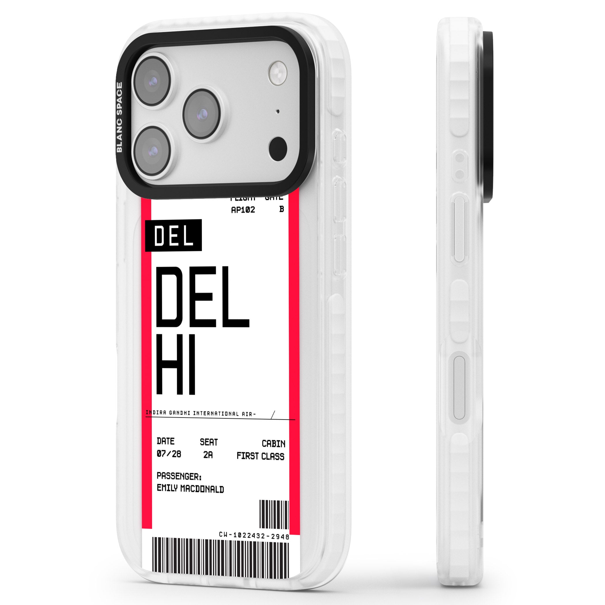 Personalised Delhi Boarding Pass iPhone 17 Pro Max Impact Pro Clear Phone Case Side Profile