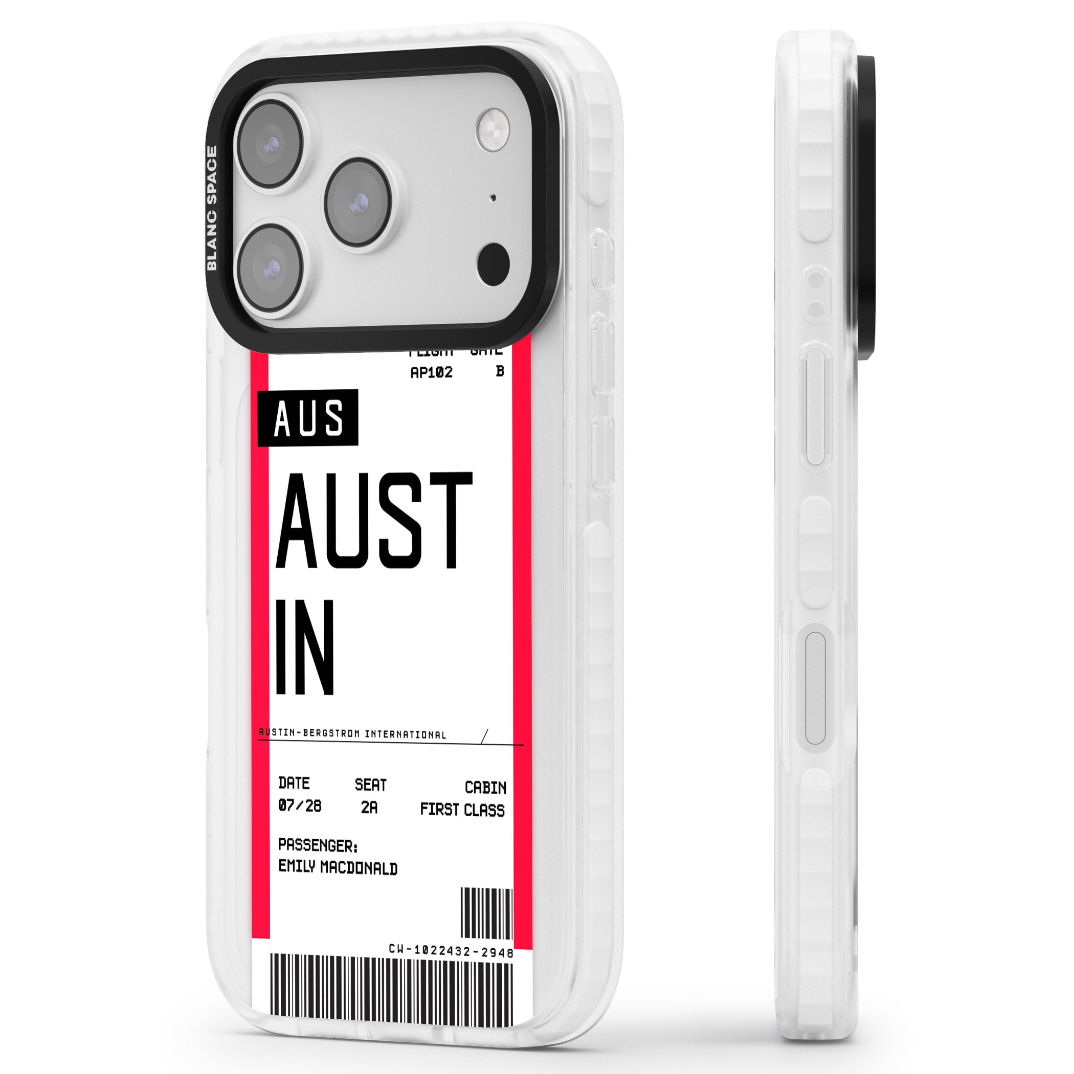 Personalised Austin Boarding Pass iPhone 17 Pro Max Impact Pro Clear Phone Case Side Profile