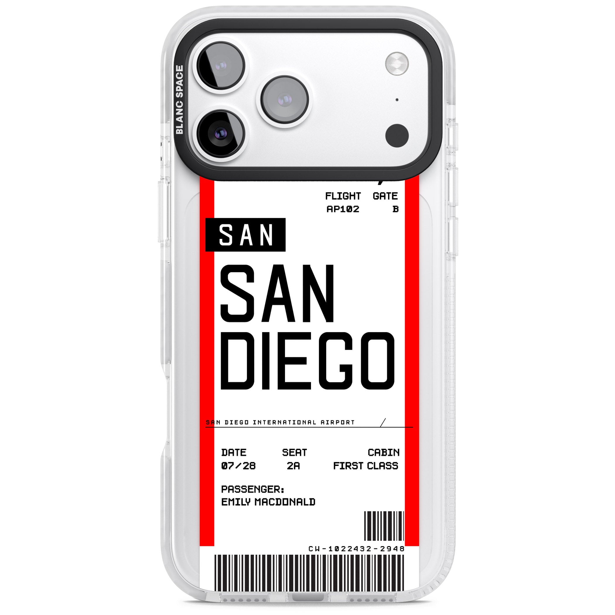Personalised San Diego Boarding Pass iPhone 17 Pro Impact Pro Clear Phone Case