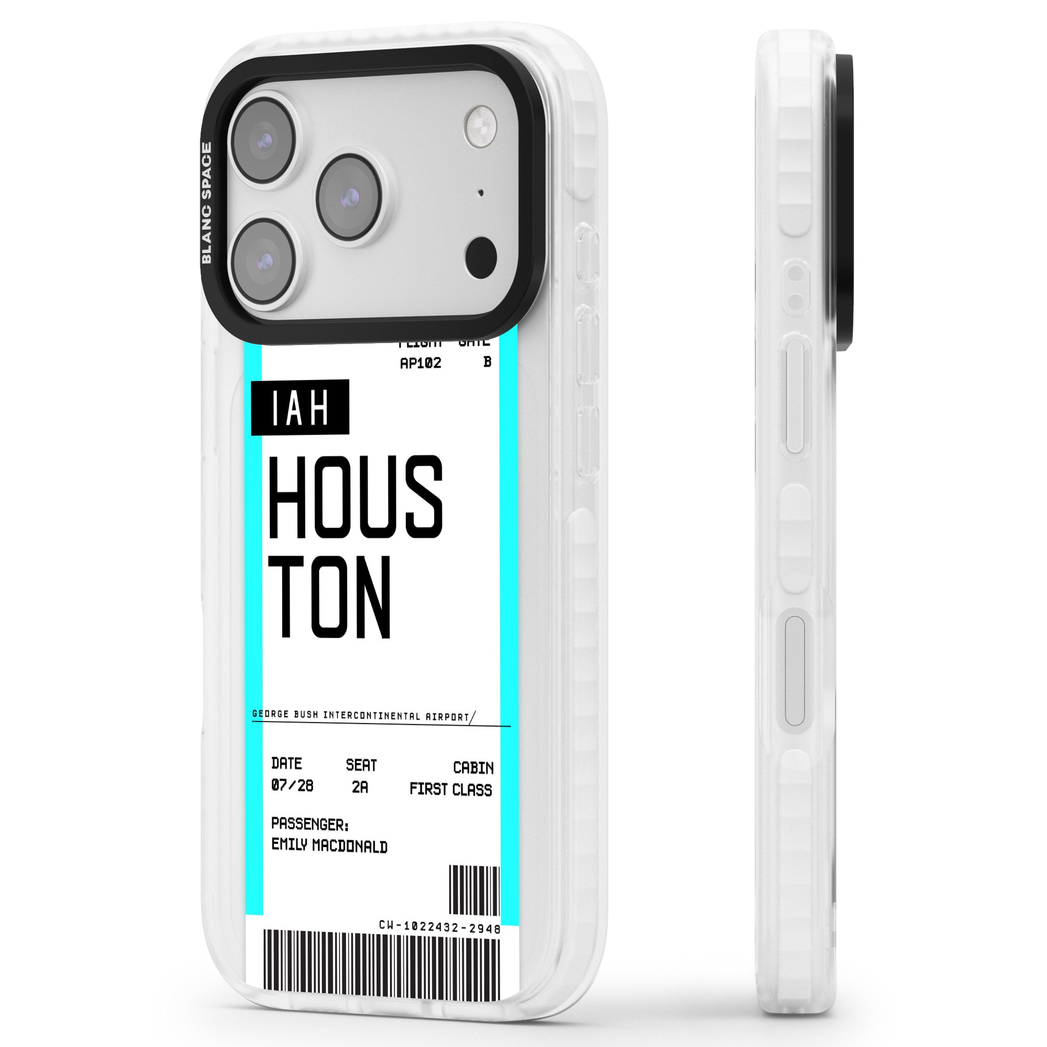 Personalised Houston Boarding Pass iPhone 17 Pro Impact Pro Clear Phone Case Side Profile
